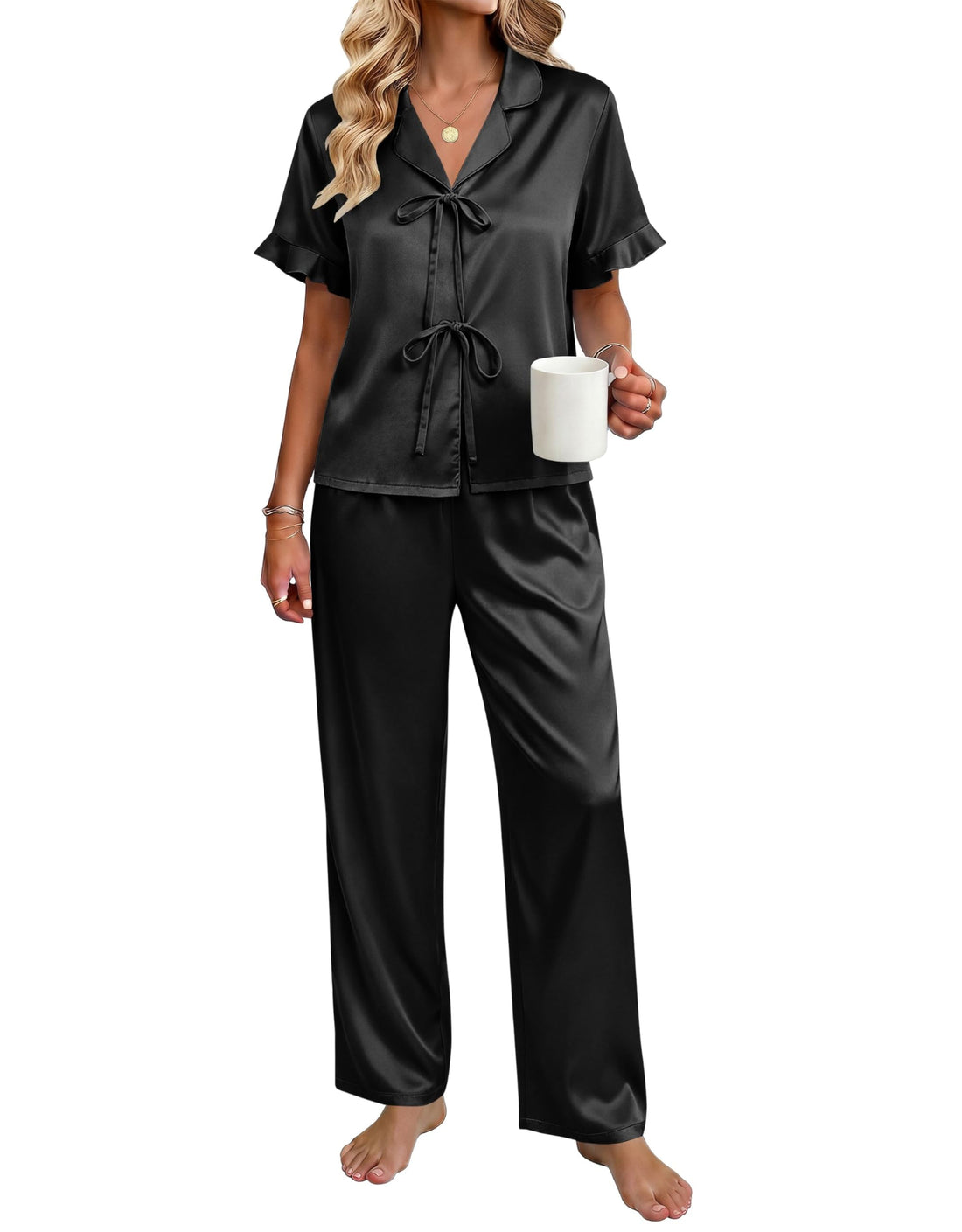 Ekouaer Womens Satin Pajama Sets Silky Tie Front Ruffle Pjs Sets Sleepwear | Soft lightweight satin fabric; tie-front top with ruffle cuffs, ideal for loungewear, bridal party and vacation wear WEBE CLOTHING
