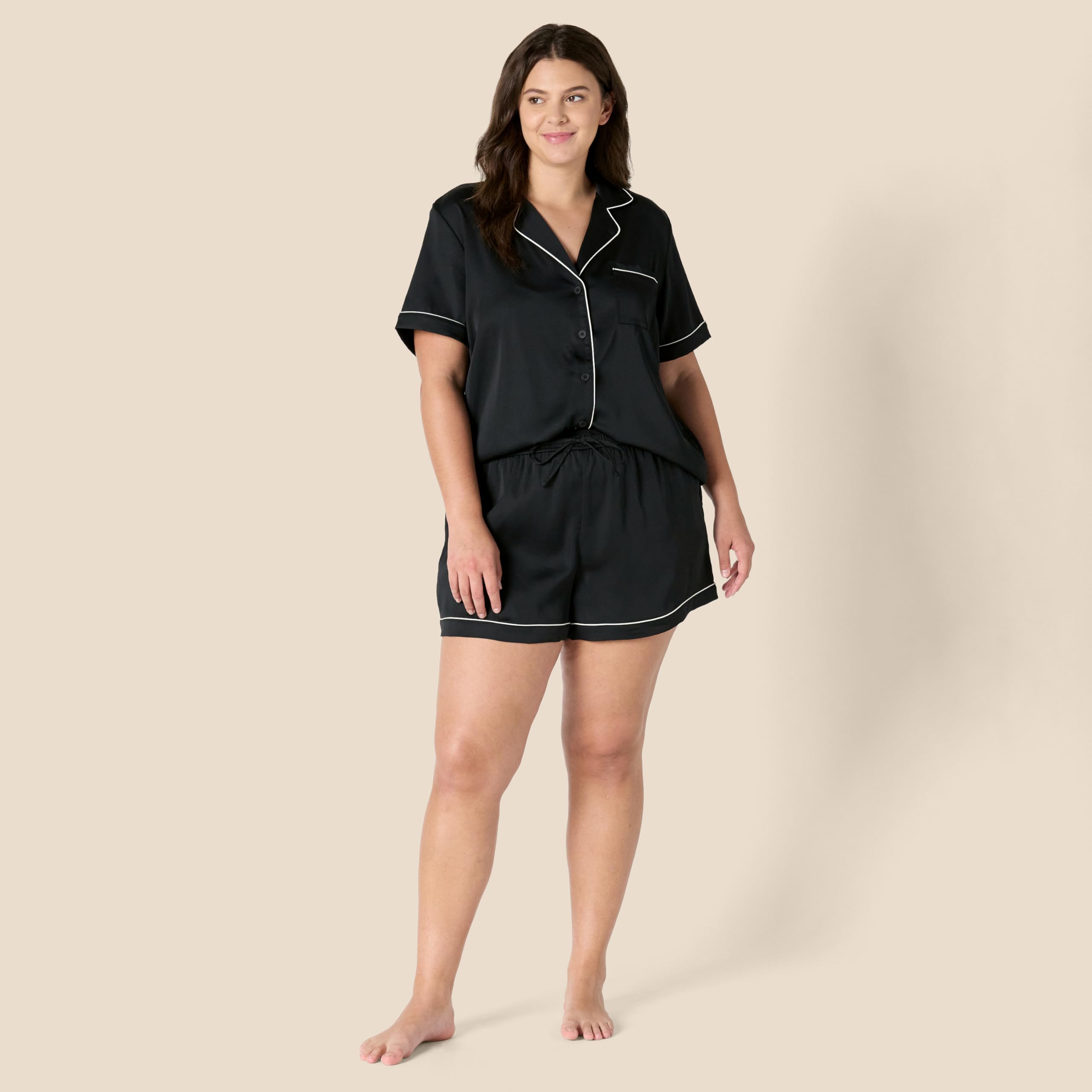 Amazon Essentials Women's Satin Short Sleeve Button-Down Top and Short Sleepwear Pajama Set
