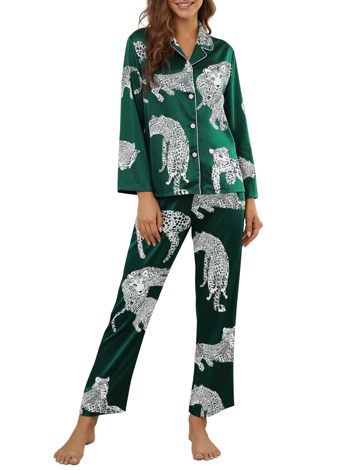 Brosloth Women's Silk Satin Pajamas Long Sleeve Button Up Loungewear Set | Button Down Animal Print Pajamas, Ladies Fancy Pajama sets, Two Piece Lounge Set, Notch Collar Lightweight Sleepwear, Gift WEBE CLOTHING