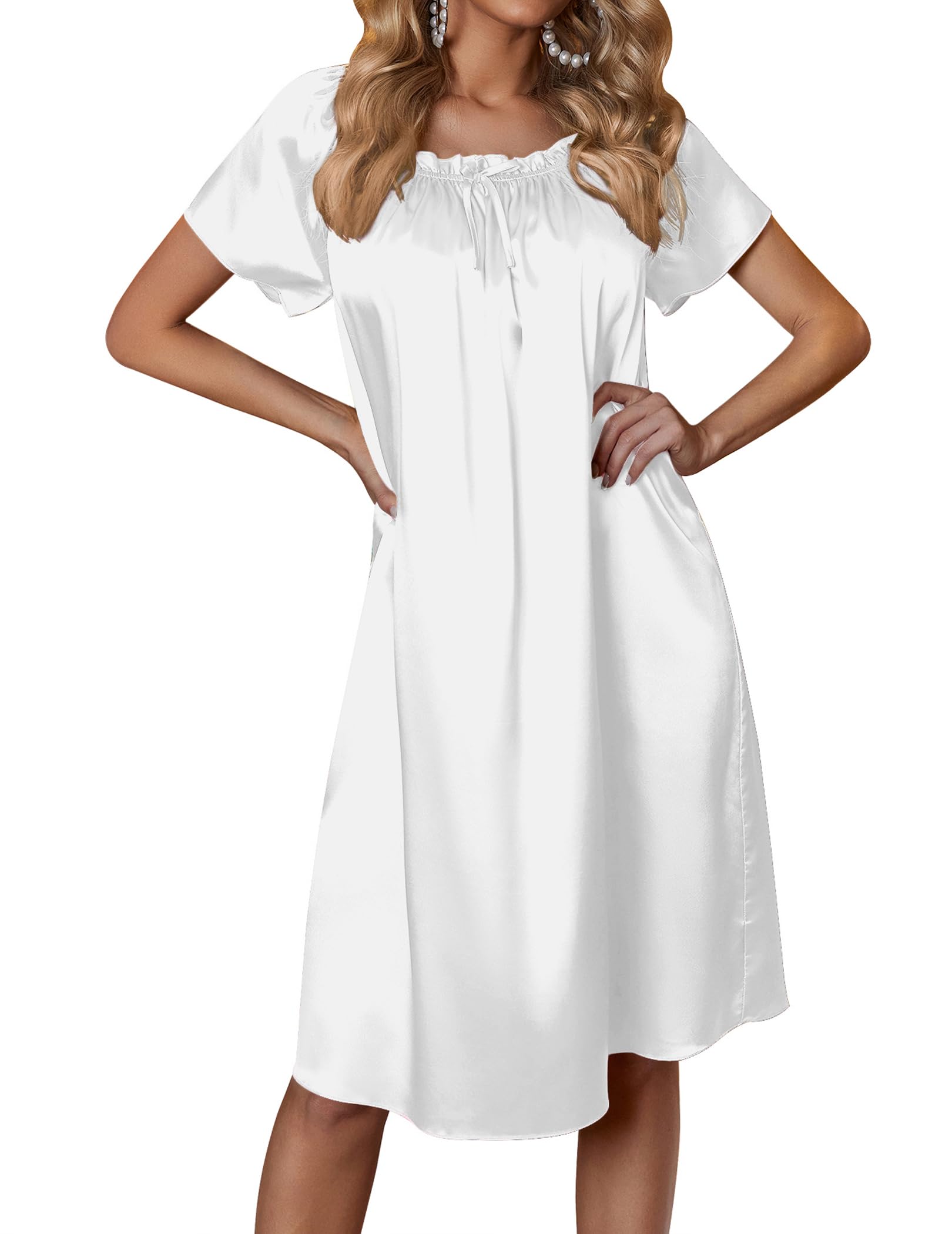 Ekouaer Women's Satin Silk Pleated Nightgown Loose Sleepwear Printed Nightshirt Short Sleeve Sleep Dress WEBE CLOTHING