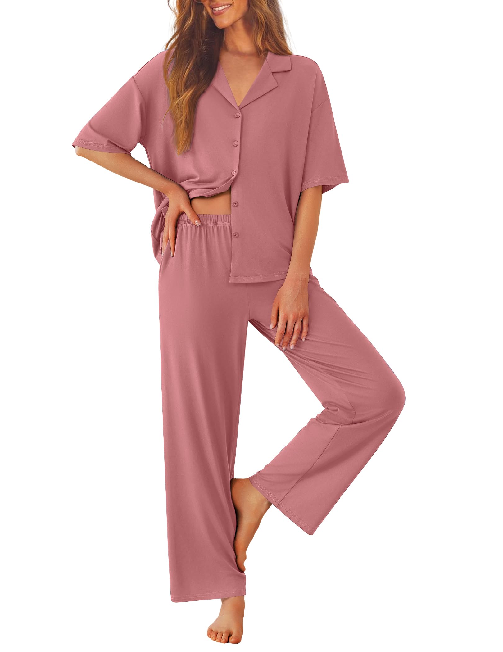 Ekouaer Women Pajamas Set Button Down Sleepwear Short Sleeve Pjs Soft Comfy Nightwear with Long Pants S-XXL