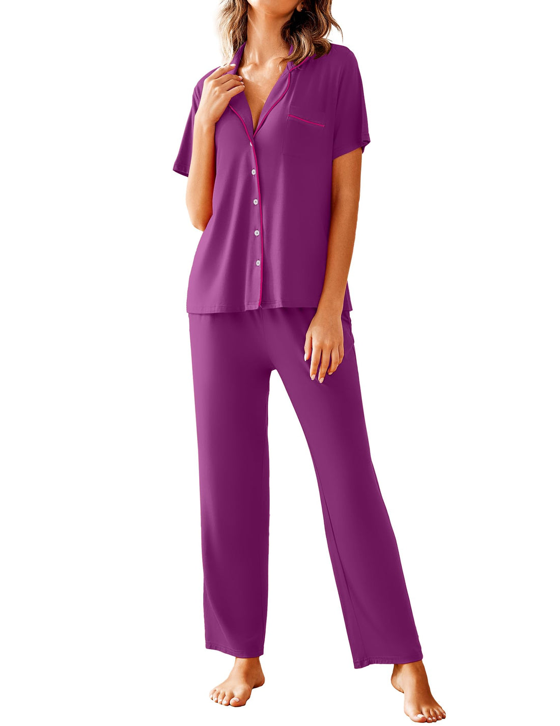 Avidlove Women Pajamas Set Notch Collar Soft Sleepwear Pjs Short Sleeve Button Down Nightwear with Long Pants WEBE CLOTHING