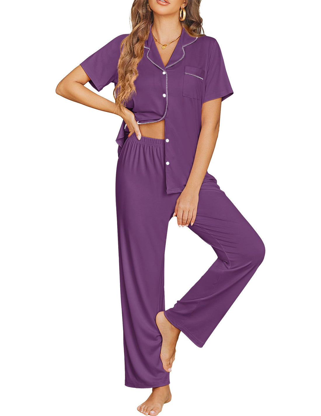 Ekouaer Womens Pajama Sets Button Down Pjs Lounge Sets 2 Piece Short Sleeve Sleepwear Soft Comfy Loungewear