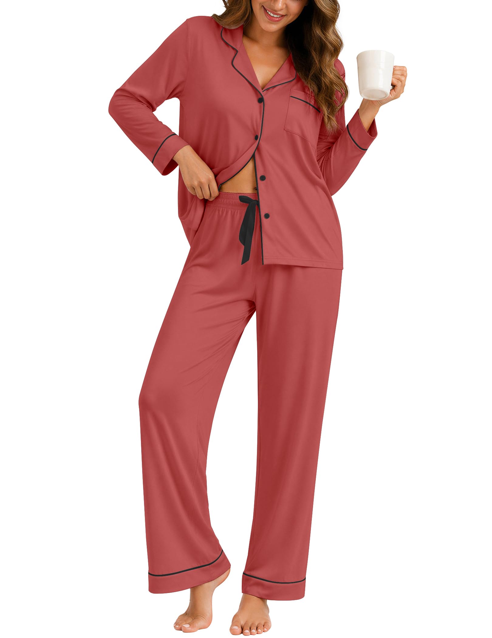ZMJ Womens Pajamas Sets 2 Piece Long Sleeve and Pant Pj Sets Button Up Sleepwear