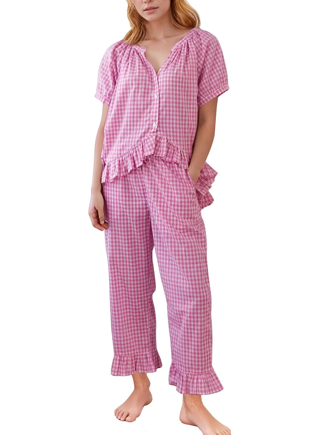 Flygo Womens Plaid 2 Piece Pajamas Sets Gingham Button Down Puff Sleeve Babydoll Shirt Ruffle Pants Y2K Pjs Lounge Set WEBE CLOTHING