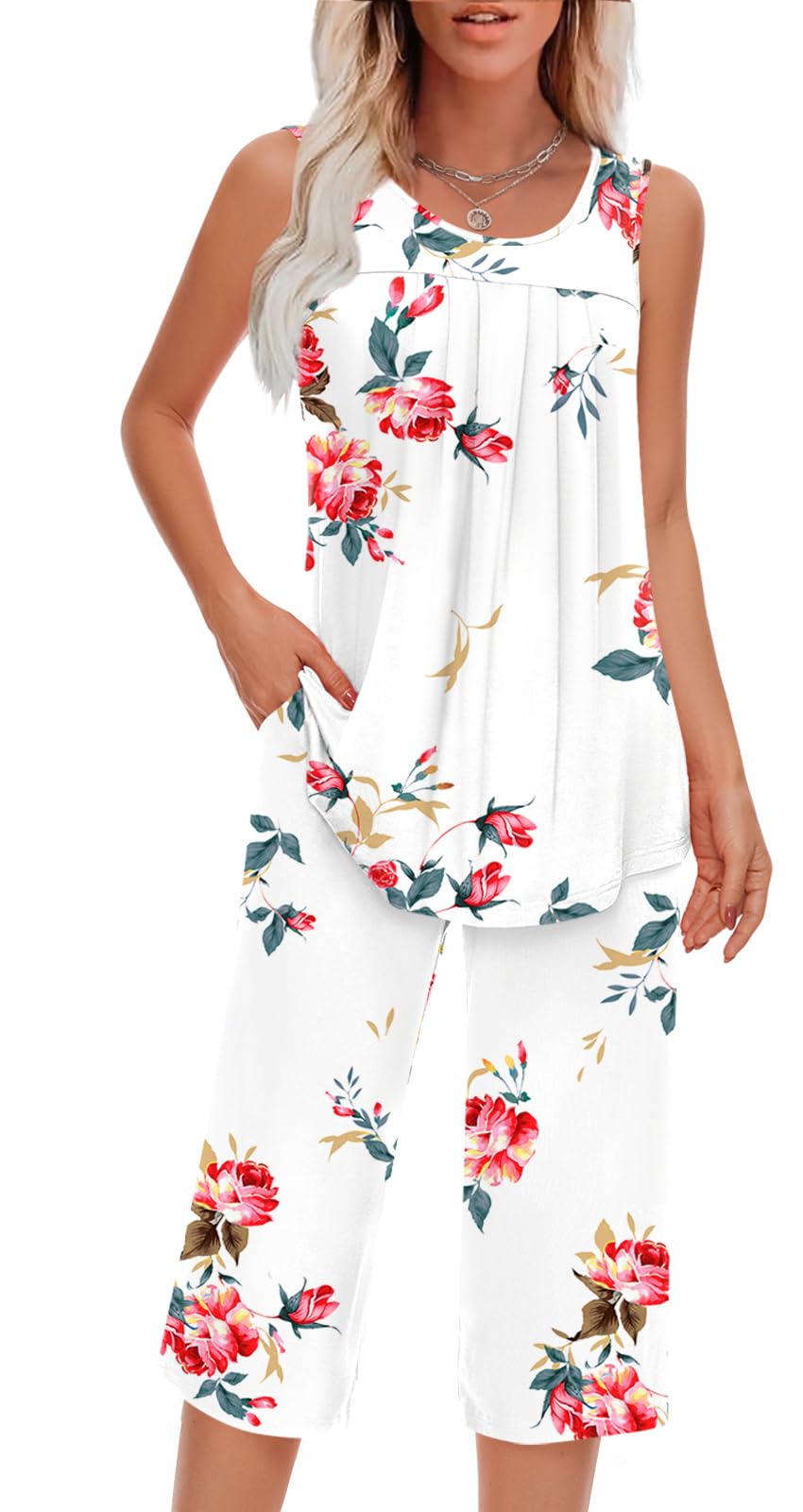 Findsweet Women Pajamas Sets Loungewear Soft Sleepwear Two Piece Summer Sleeveless Pjs Tank Top Pants with Pocket S-4XL