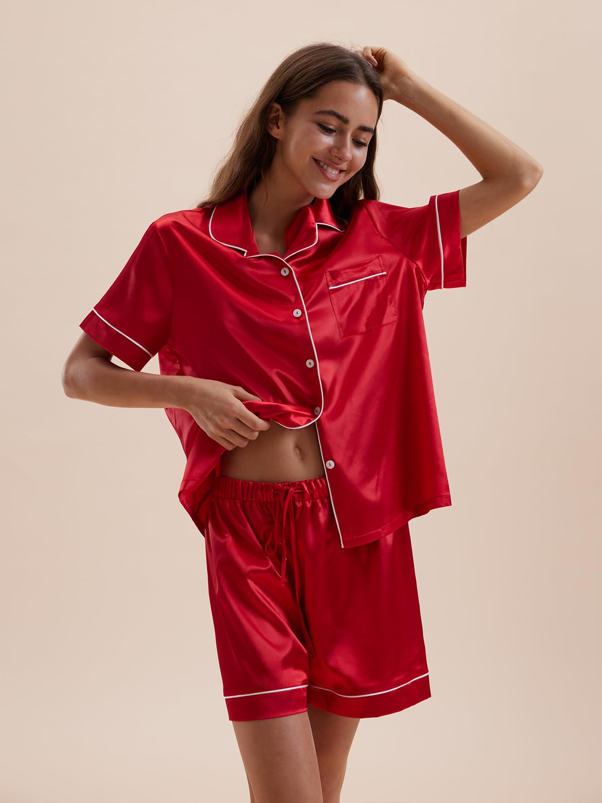 Satin Pajamas for Women Set,Silky Short Sleeve Ladies Pajama,Woman's 2 Piece Sleepwear,Bridal Wedding Pjs
