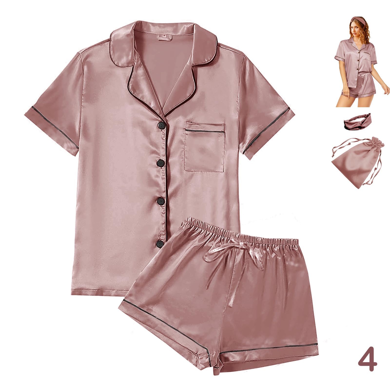 WJing Yi Jia 4Pcs Womens Satin Silky Pajama Sets Short Sleeve Shirt XS-4XL Floral Pajamas Set Soft PJ Loungewear Sleepwear