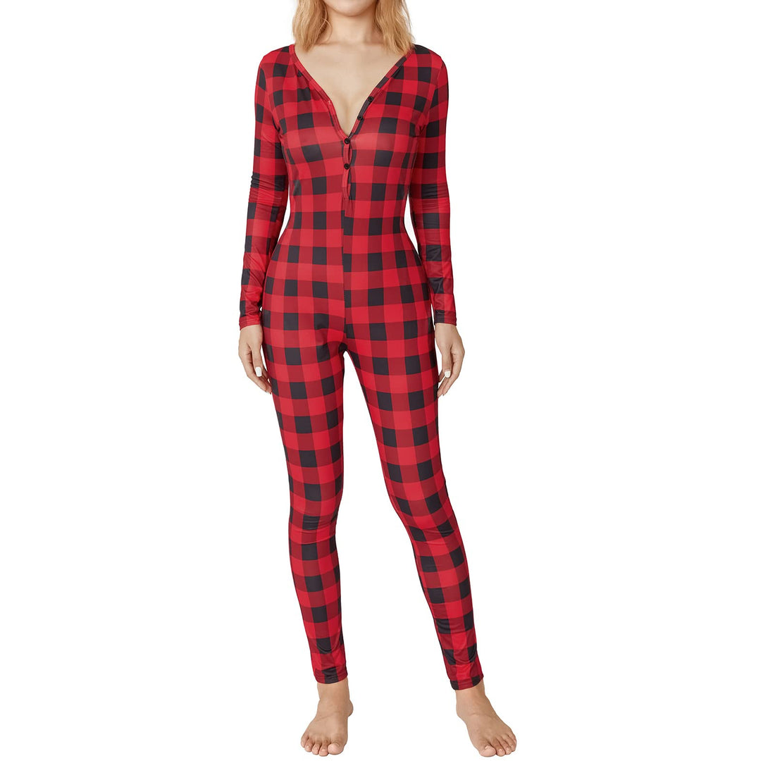 Women Christmas Long Sleeve Stripe Heart One Piece Pajamas Bodycon Jumpsuit Button Neck Sleepwear WEBE CLOTHING