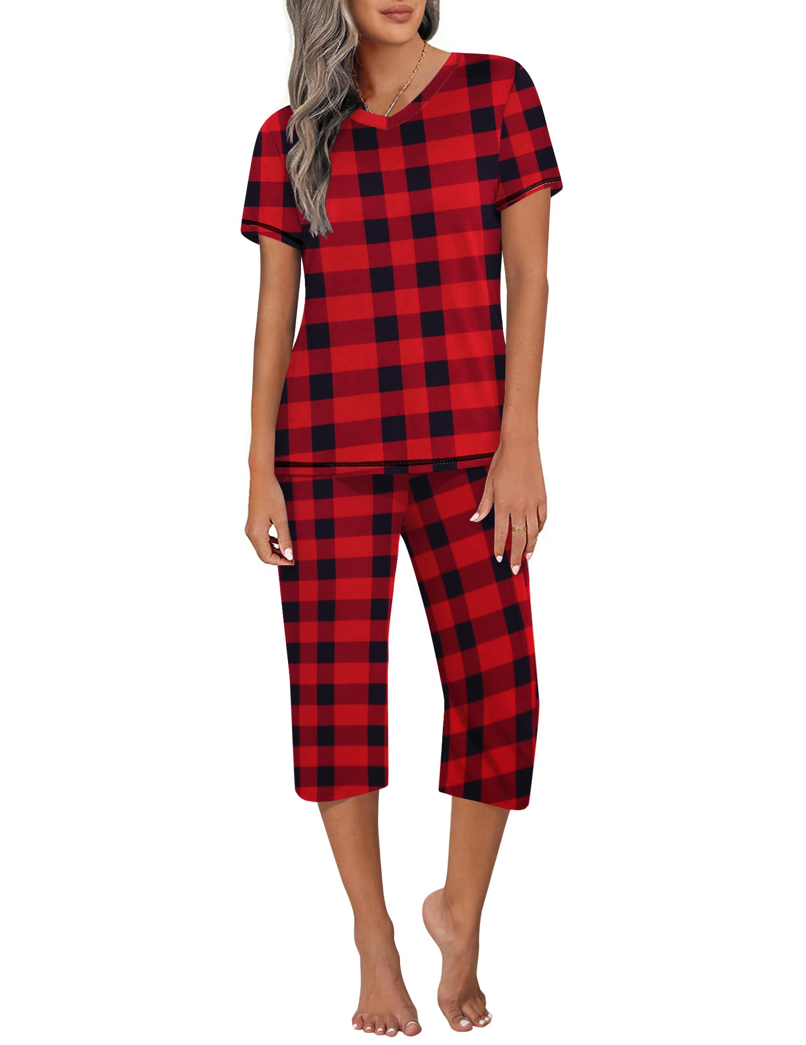 Ekouaer Women's Sleepwear Capri Pajama Sets Short Sleeve Two-Piece Pjs V Neck Tops & Capri Pants with Pockets S-3XL