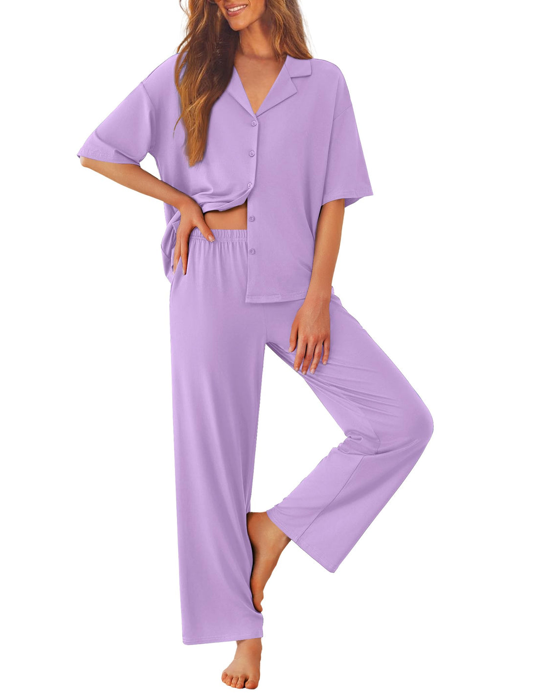 Ekouaer Women Pajamas Set Button Down Sleepwear Short Sleeve Pjs Soft Comfy Nightwear with Long Pants S-XXL