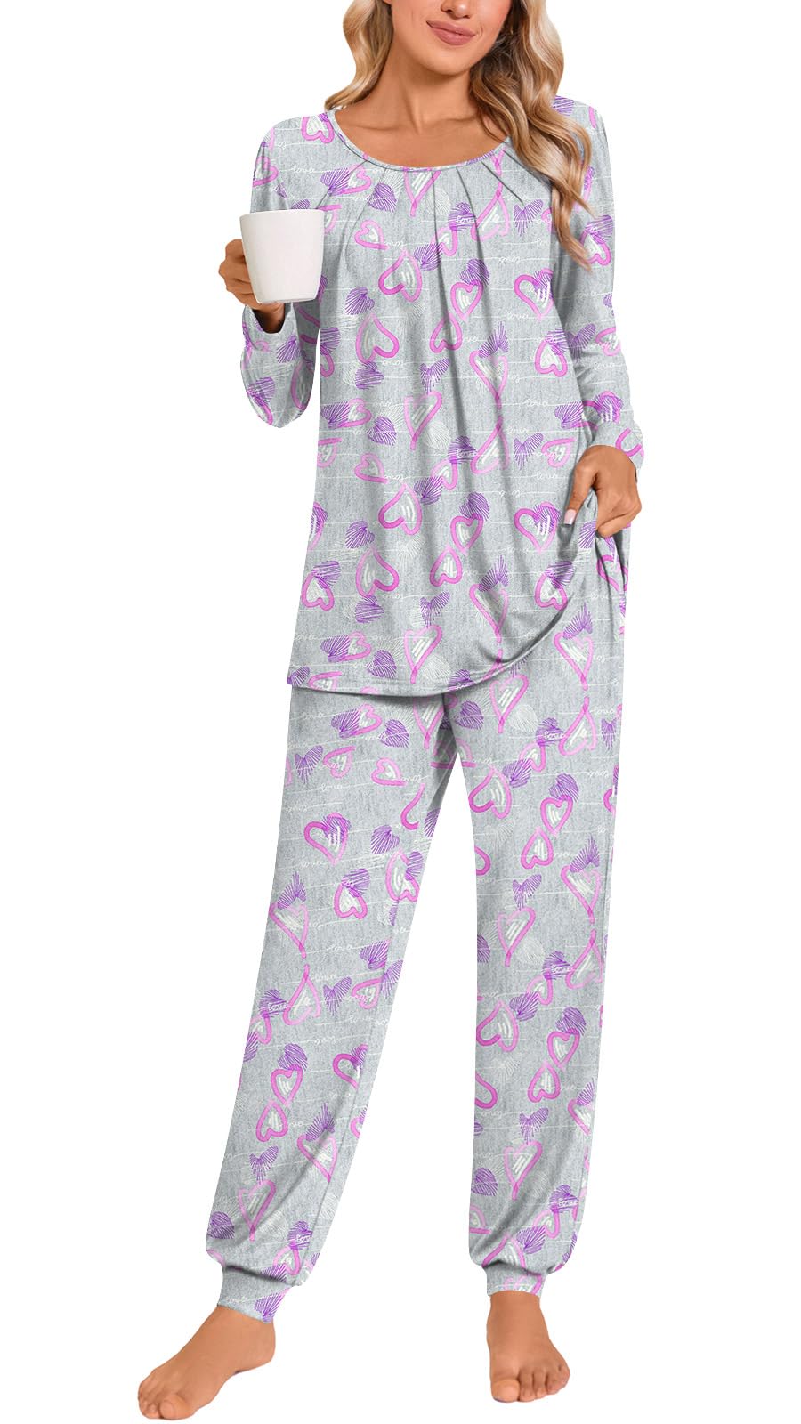 Anymeet Womens Pajama Sets Fall Winter Long Sleeve 2 Piece Sleepwear Soft Lounge Outfits with Pockets