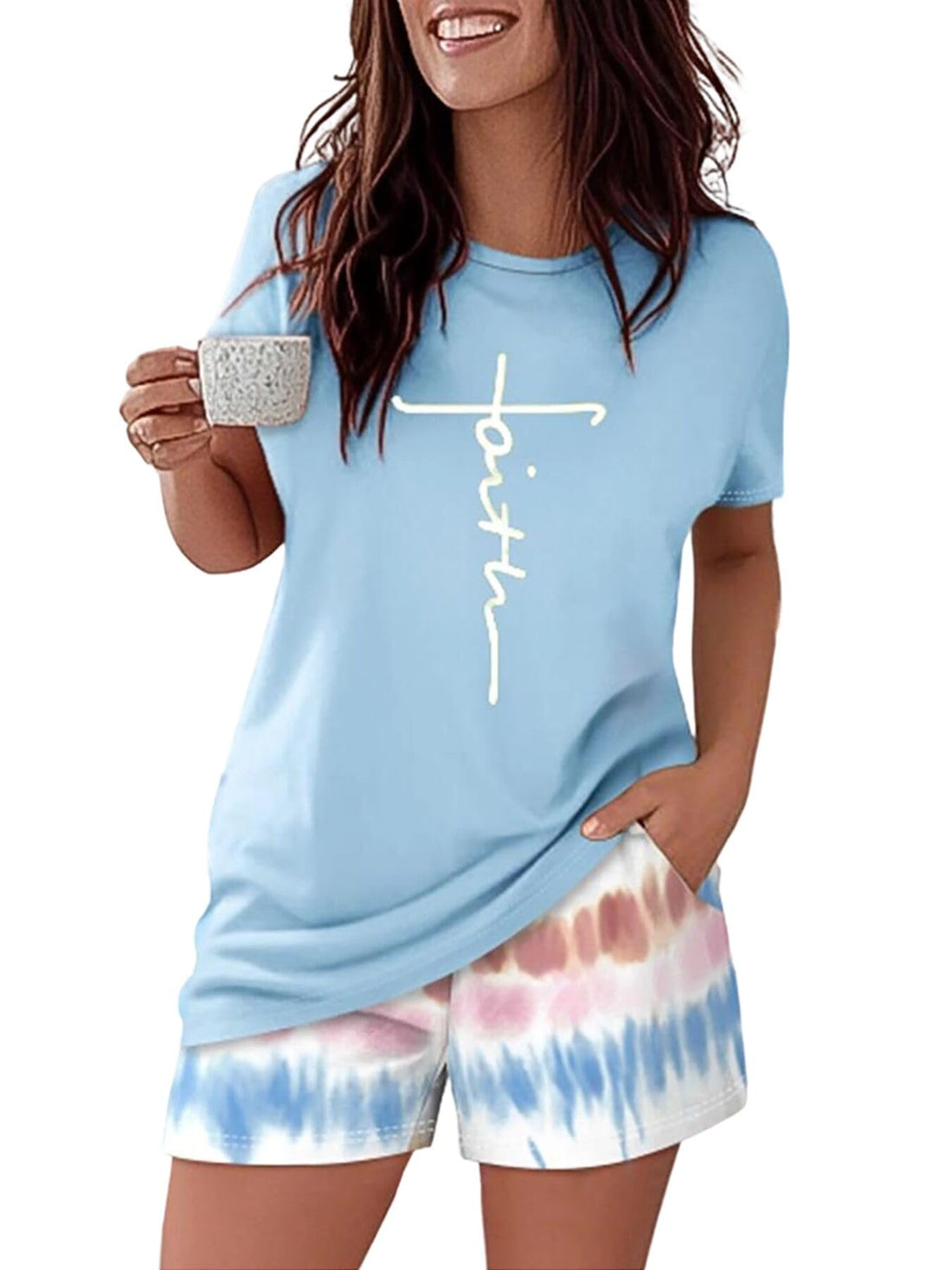 CHICME Pajamas Set for Women 2 Piece Pjs Lounge Set Soft Short Sleeve Tops and Sleep Shorts with Pocket