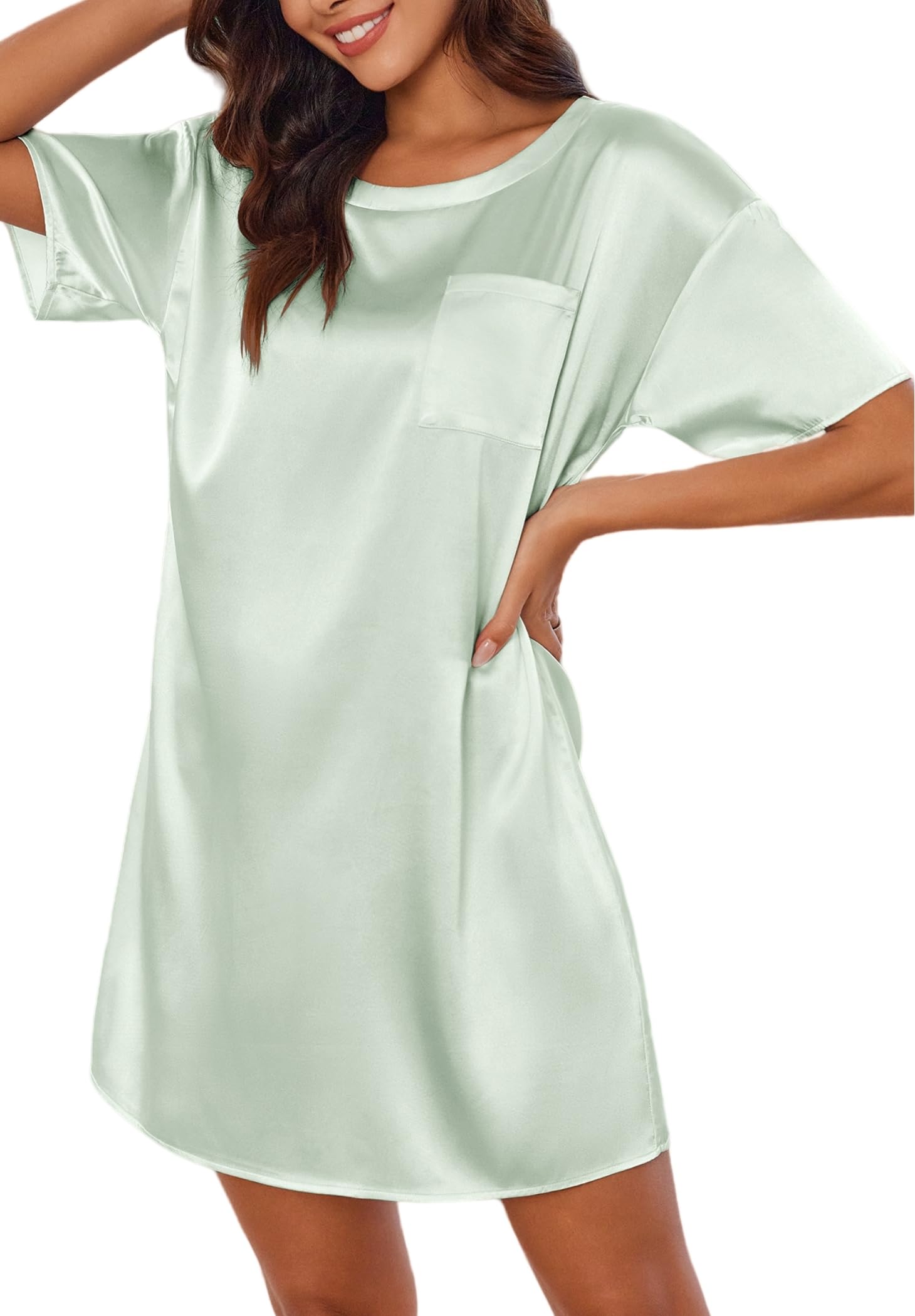 Ekouaer Silk Sleep Shirts for Women Satin Nightshirt Tshirt Nightgown Short Sleeve Round Neck Sleepwear with Pocket S-2XL