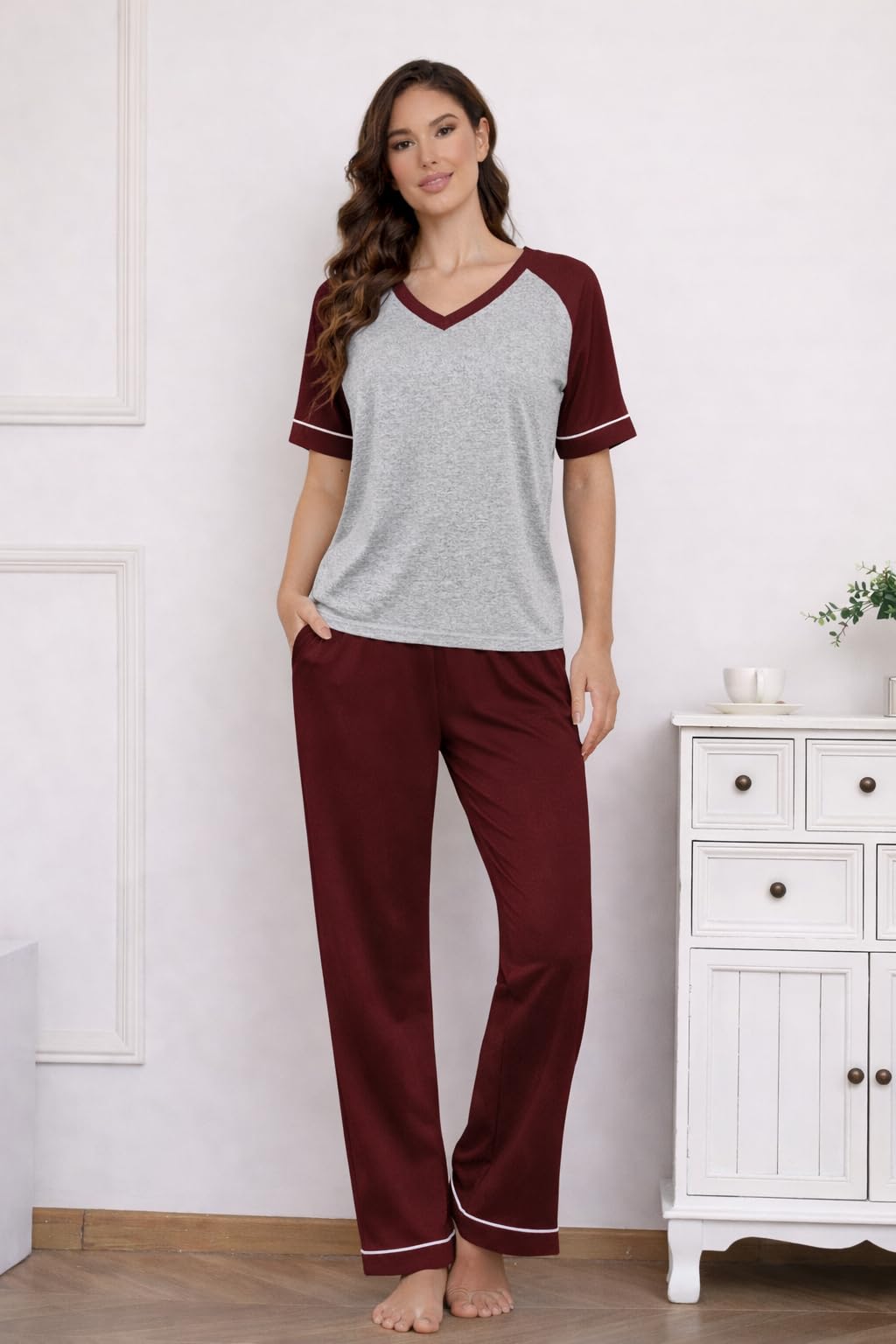 Ekouaer Womens Pajama Set Short Sleeve Pajamas Top and Pants V Neck Pjs Set Soft Loungewear with Pockets