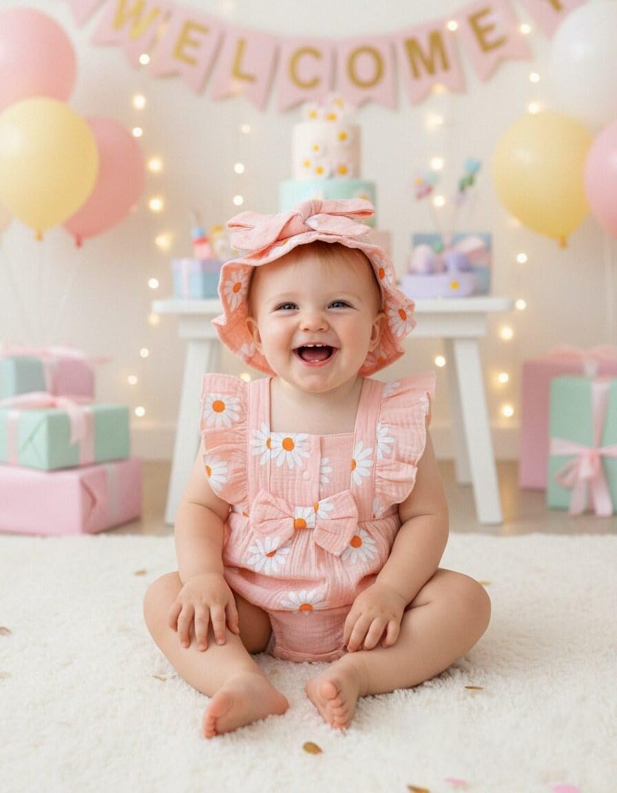 Renotemy Baby Girl Clothes Infant Summer Romper Cotton Linen Newborn Essentials Photography Preemie Outfits with Hat&Headband WEBE CLOTHING