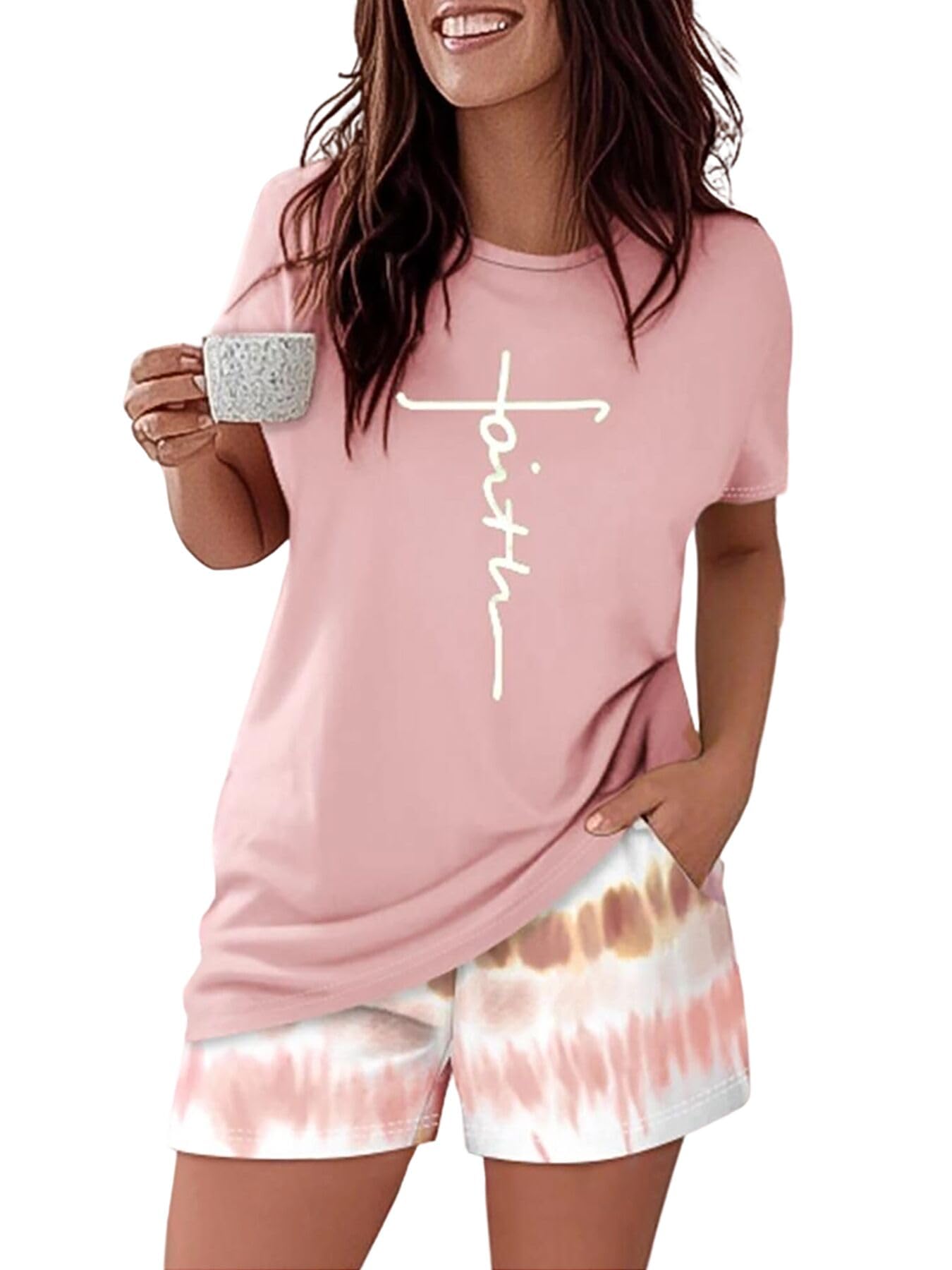 CHICME Pajamas Set for Women 2 Piece Pjs Lounge Set Soft Short Sleeve Tops and Sleep Shorts with Pocket
