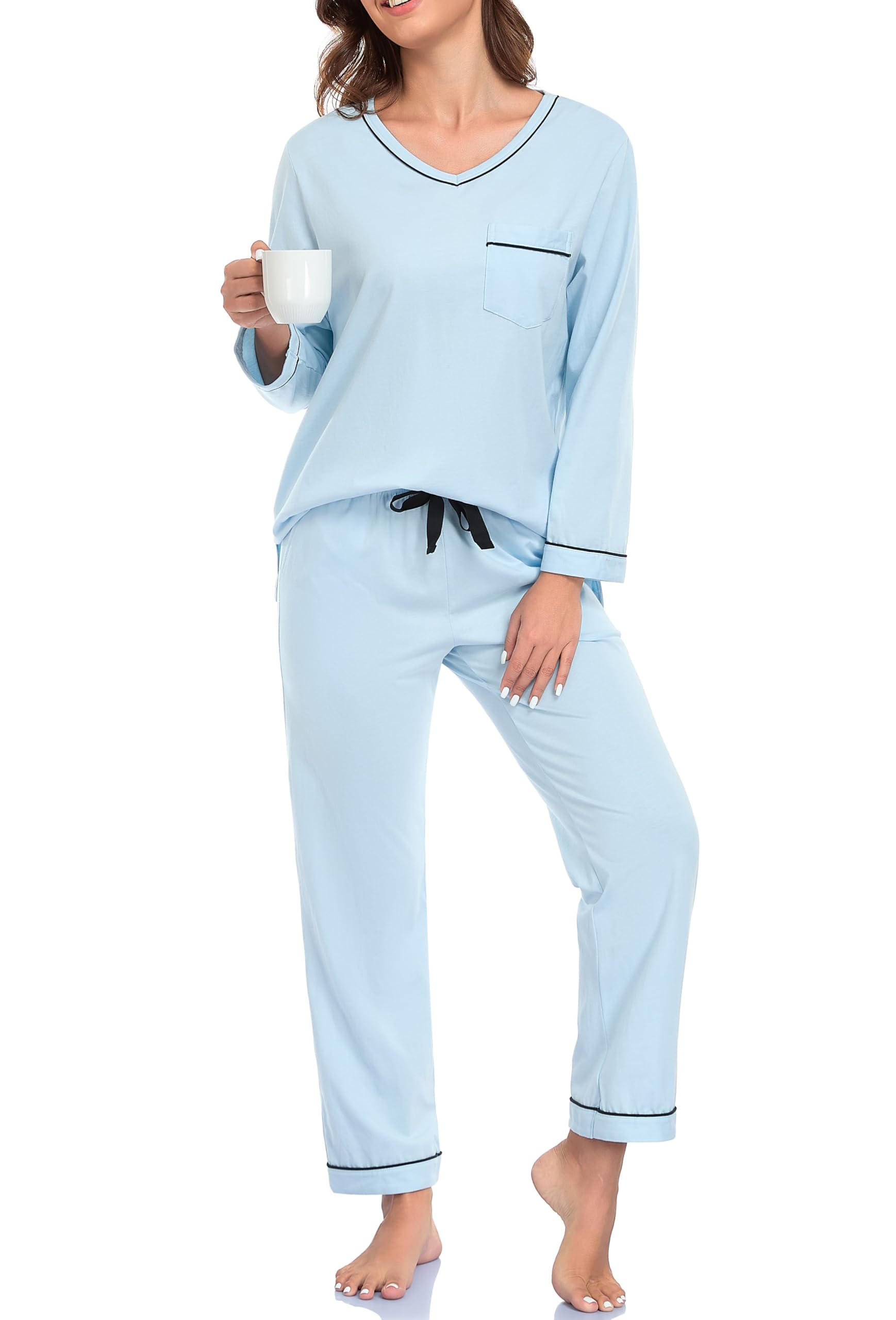 EA'S SECRET 100% cotton Pajamas for Women Summer Lightweight Long Sleeve Pjs 2 Piece Soft Lounge Sleepwear with pocket