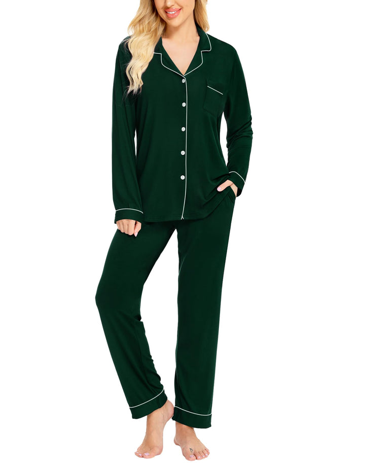 SWOMOG Womens Pajamas Set Long Sleeve Sleepwear Button Down Nightwear Soft Cotton Pj Lounge Sets