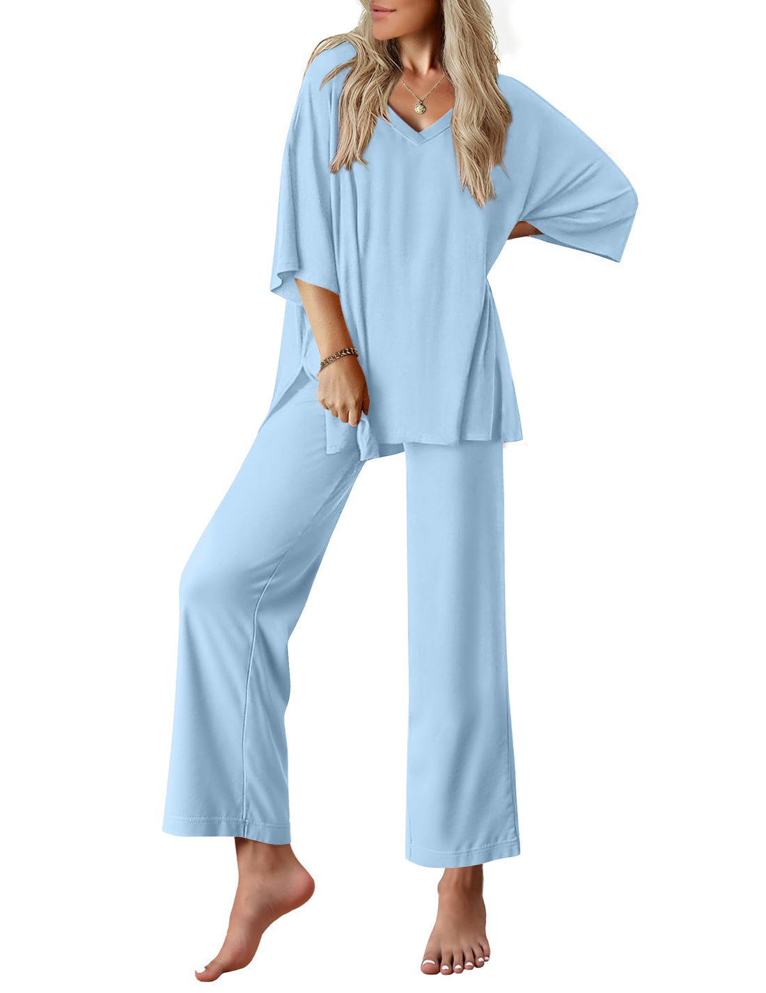 Ekouaer Lounge Sets for Women Short Sleeve Tops and Long Pants Pajamas Set | Comfy V Neck Top and Loose Fit Pants, Fashion Oversized style, ideal for Home relaxation, Daily Wear & Maternity WEBE CLOTHING