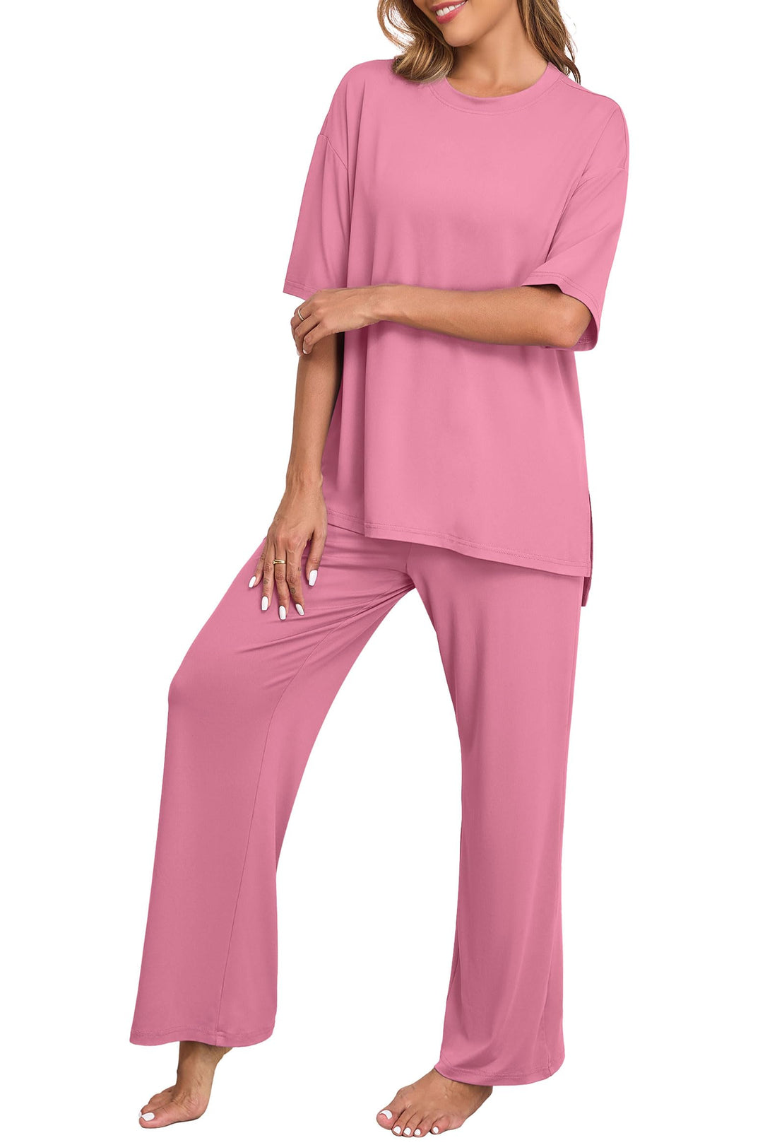 PrinStory Womens Pajamas Sets 2 Piece Lounge Set Short Sleeve Tops and Long Pants Soft Pjs Loungewear with Pockets