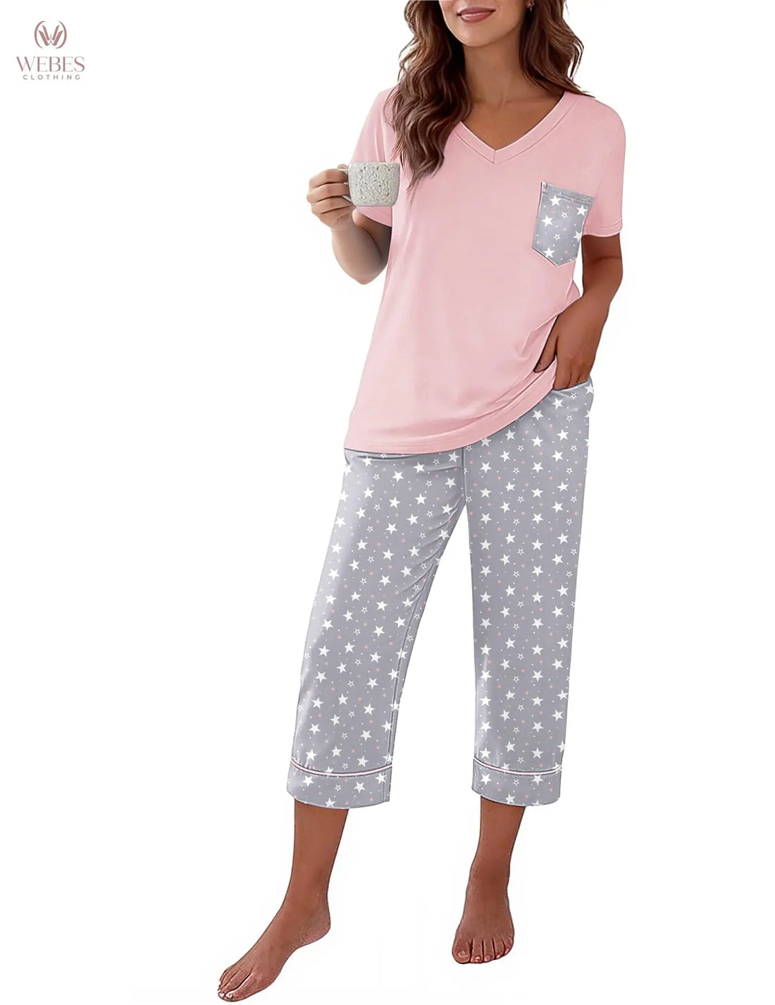 Ekouaer Cotton Pajamas for Women Set Short Sleeve Top and Capri Pants | 2 Pieces Lounge Set with Pockets V Neck Comfy Soft Sleepwear for Mom, Wife, Grandmother WEBE CLOTHING