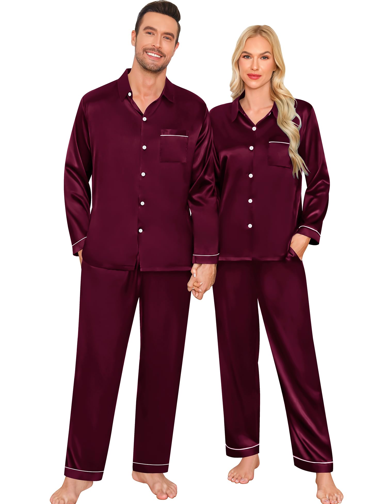 SWOMOG Family Matching Pajama Set Women/Men/Kids Satin Pajamas Long Sleeve Sleepwear Button Down Loungewear 2 Pcs Pj Set
