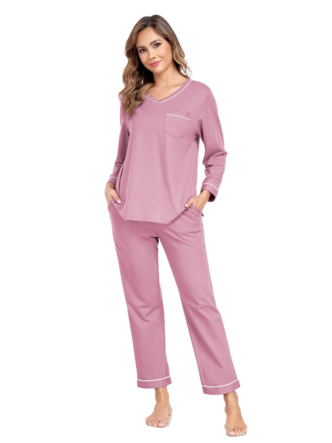 EA'S SECRET 100% cotton Pajamas for Women Summer Lightweight Long Sleeve Pjs 2 Piece Soft Lounge Sleepwear with pocket