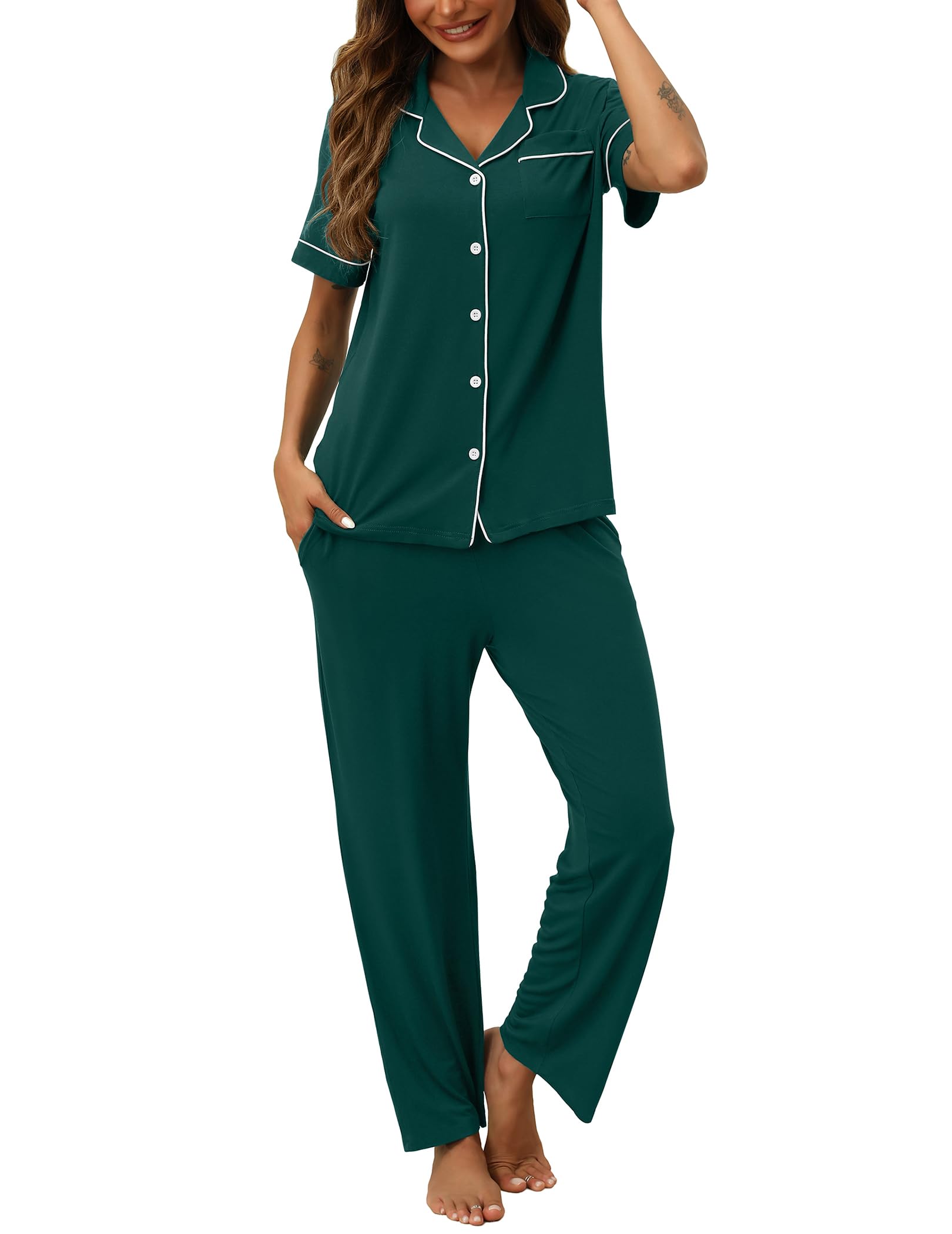 HNG Women Pajamas Set 2 Piece Button Up Pajamas Pant and Short Sleeve Shirt for Woman Pj Sets with Pocket
