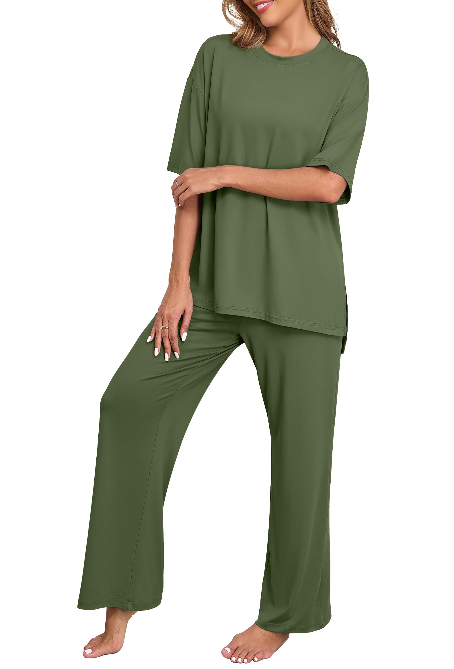 PrinStory Womens Pajamas Sets 2 Piece Lounge Set Short Sleeve Tops and Long Pants Soft Pjs Loungewear with Pockets