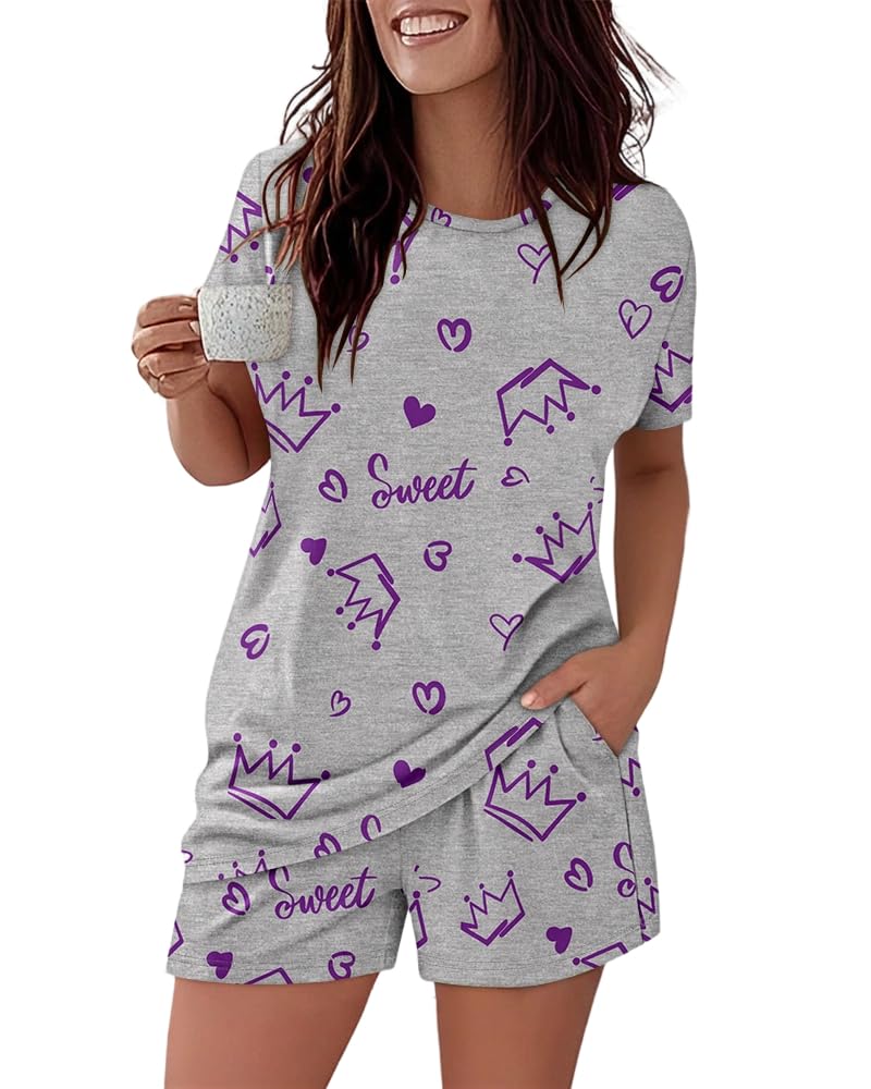 CHICME Pajamas Set for Women 2 Piece Pjs Lounge Set Soft Short Sleeve Tops and Sleep Shorts with Pocket