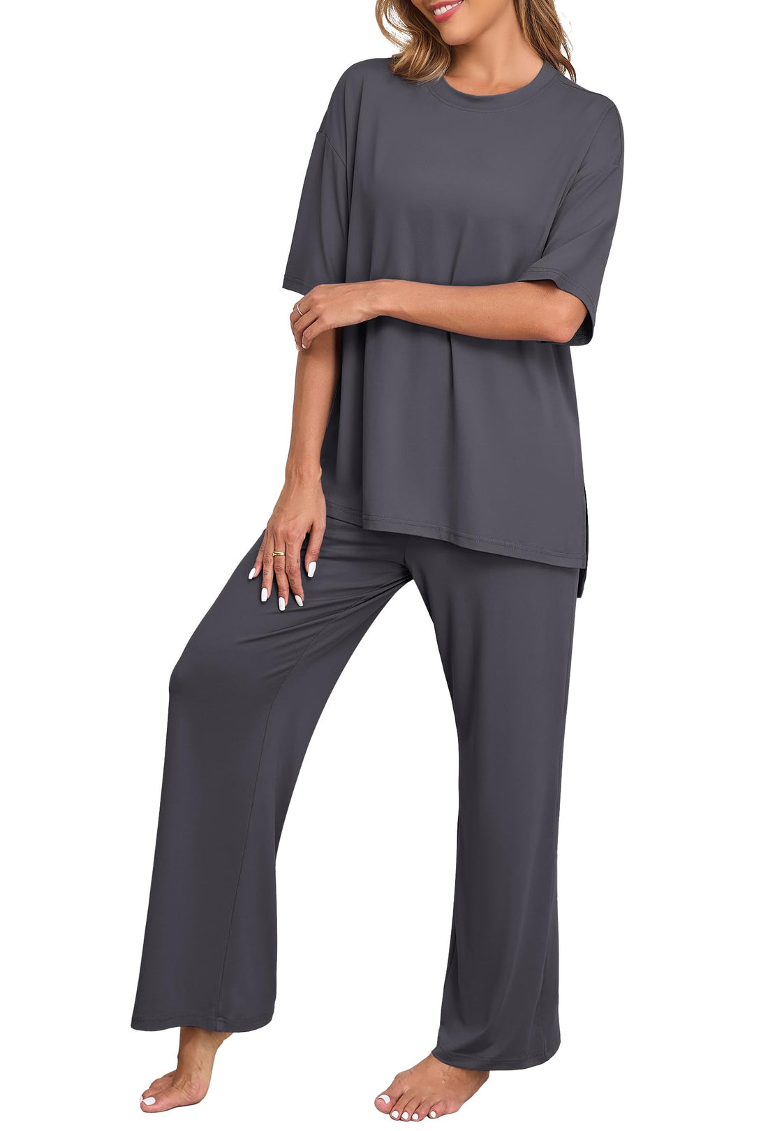 PrinStory Womens Pajamas Sets 2 Piece Lounge Set Short Sleeve Tops and Long Pants Soft Pjs Loungewear with Pockets