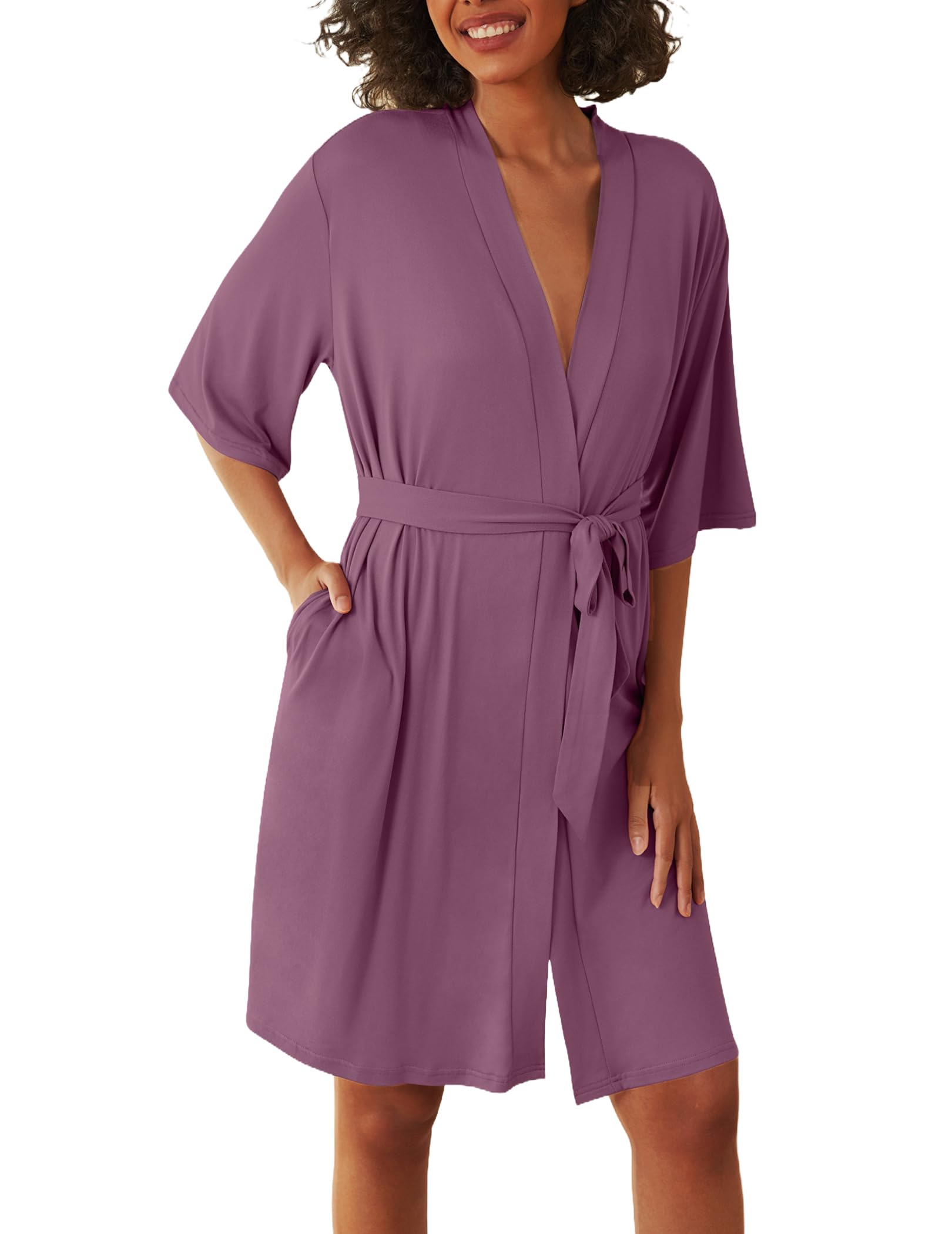 Ekouaer Short Robes for Women Lightweight Kimono Robes Knit Bathrobe Soft Sleepwear with Pockets S-XXL WEBE CLOTHING