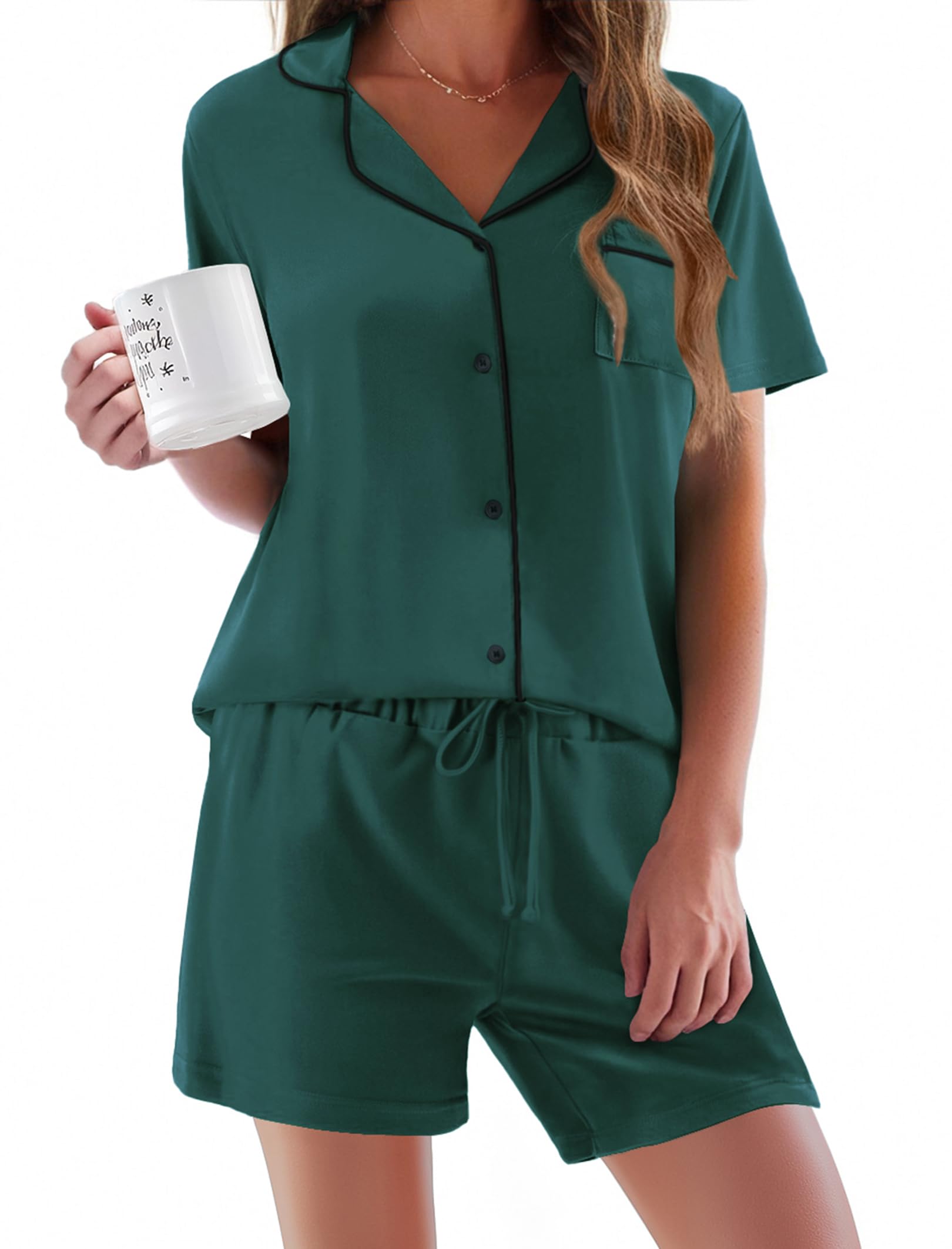 Ekouaer Pajamas Set for Women Short Sleeve Sleepwear Button Down Pjs Soft 2 Piece Lounge Sets XS-XXXL