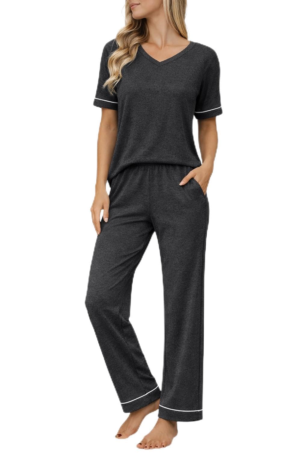 Ekouaer Womens Pajama Set Short Sleeve Pajamas Top and Pants V Neck Pjs Set Soft Loungewear with Pockets