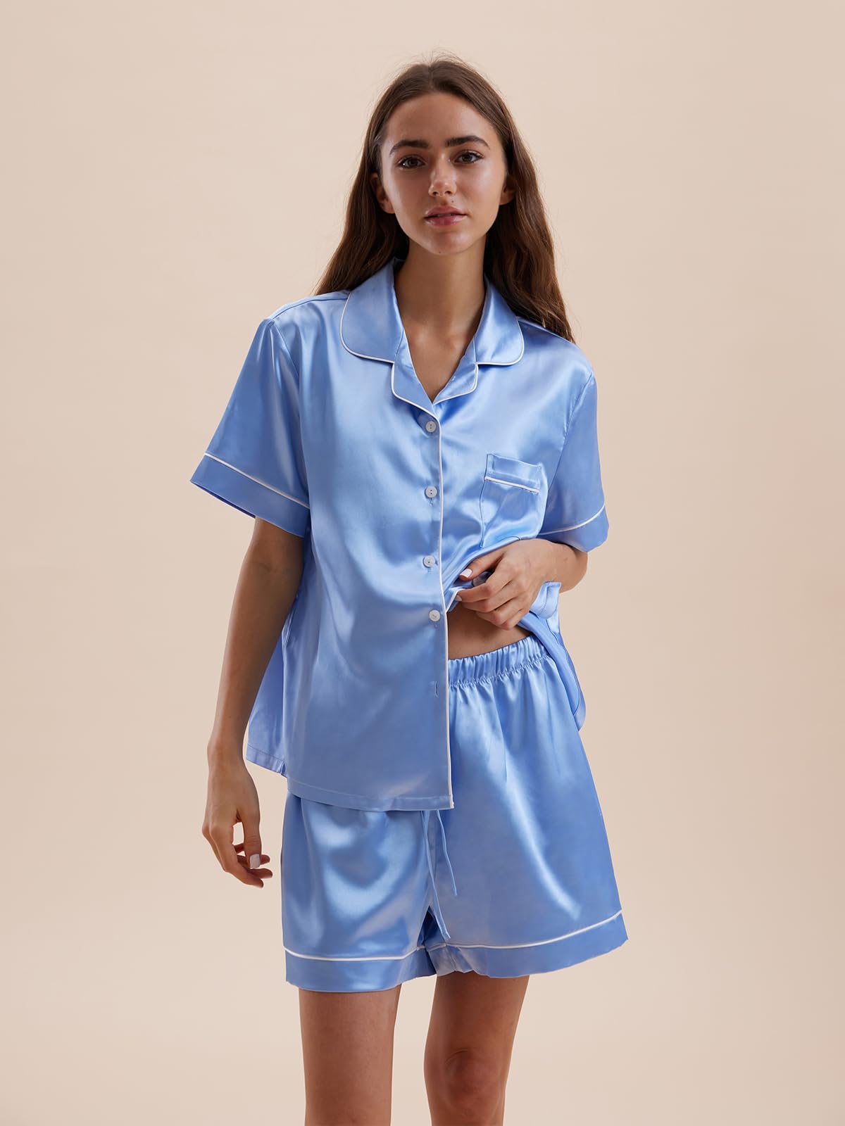Satin Pajamas for Women Set,Silky Short Sleeve Ladies Pajama,Woman's 2 Piece Sleepwear,Bridal Wedding Pjs