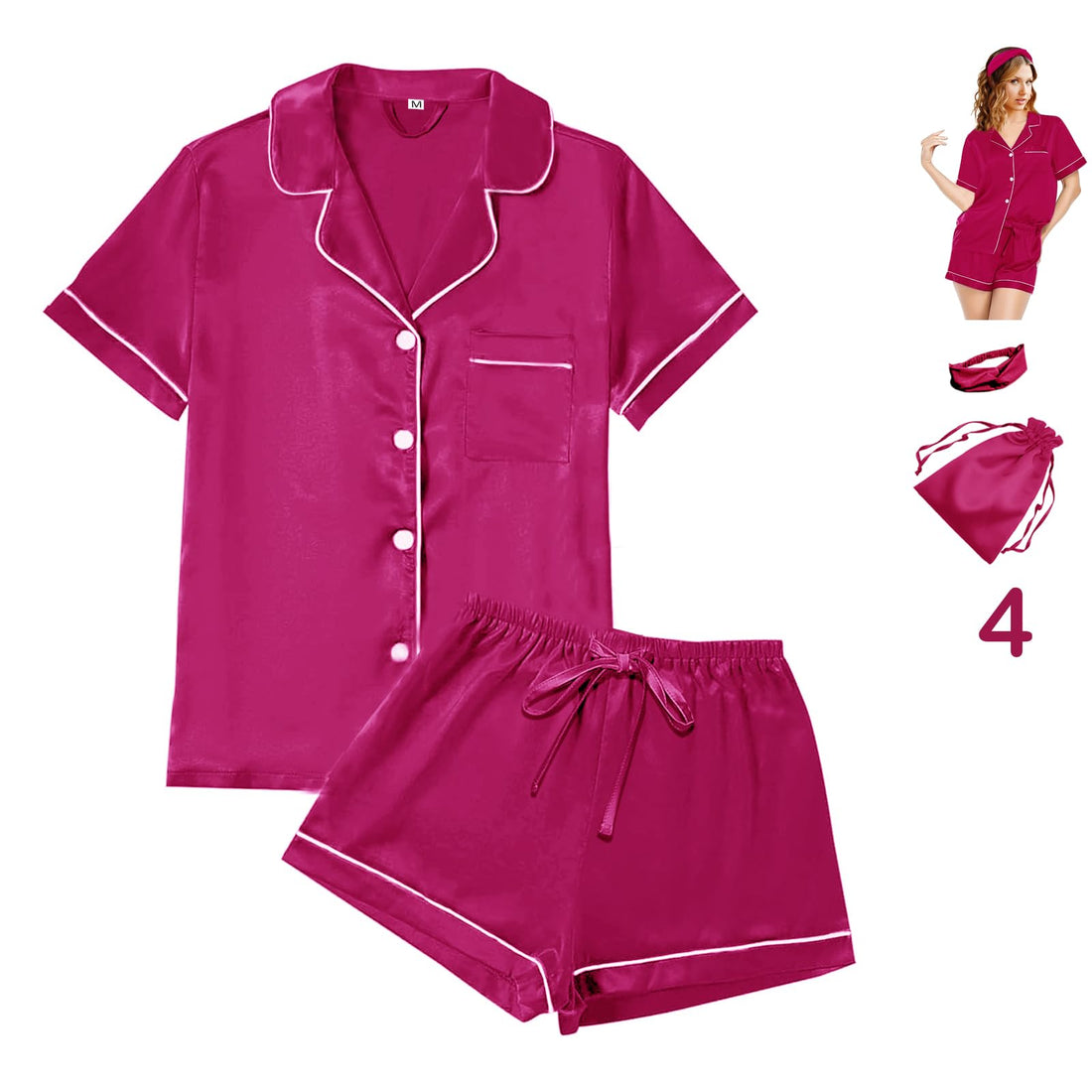 WJing Yi Jia 4Pcs Womens Satin Silky Pajama Sets Short Sleeve Shirt XS-4XL Floral Pajamas Set Soft PJ Loungewear Sleepwear