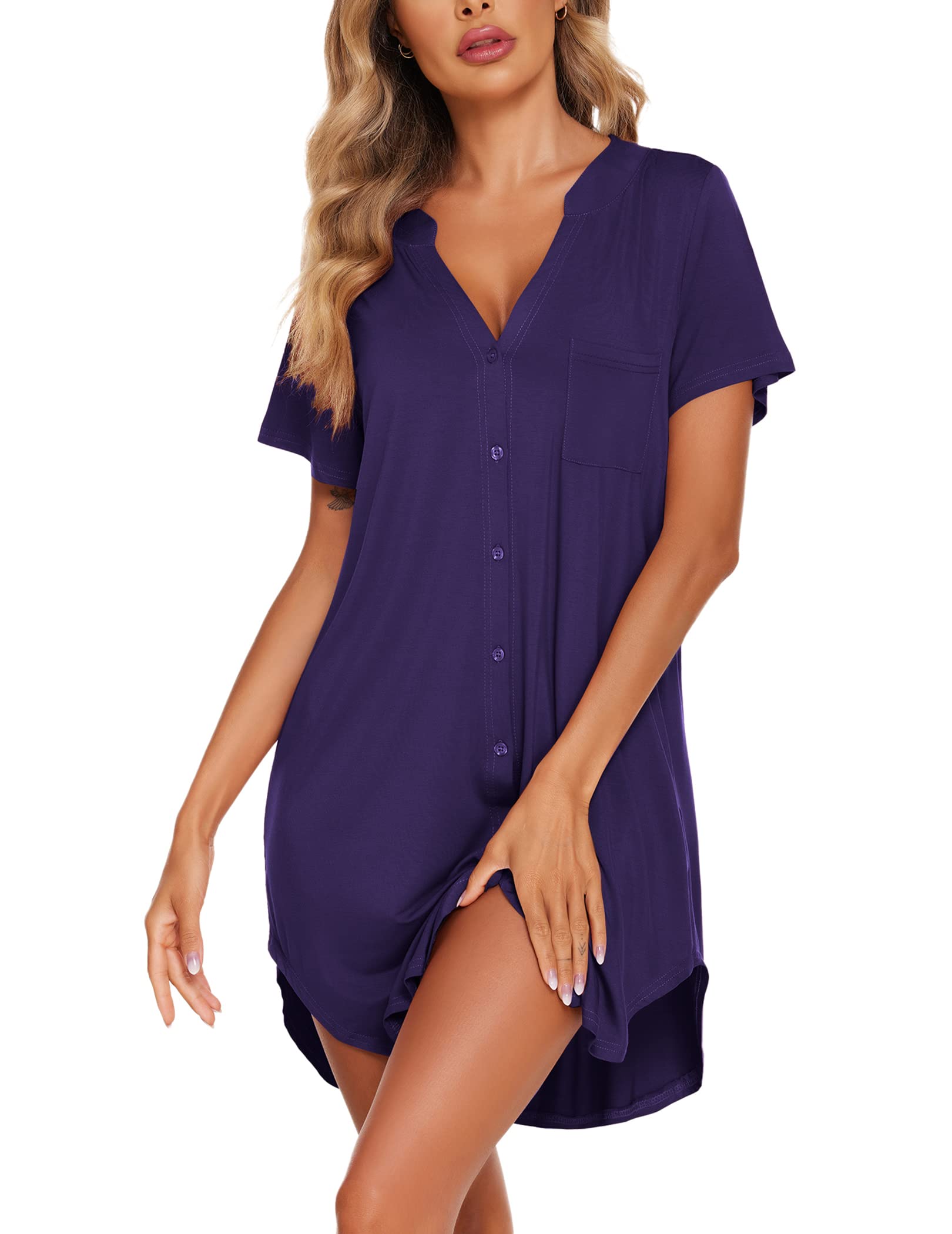 Ekouaer Women V Neck Button Down Nightgown