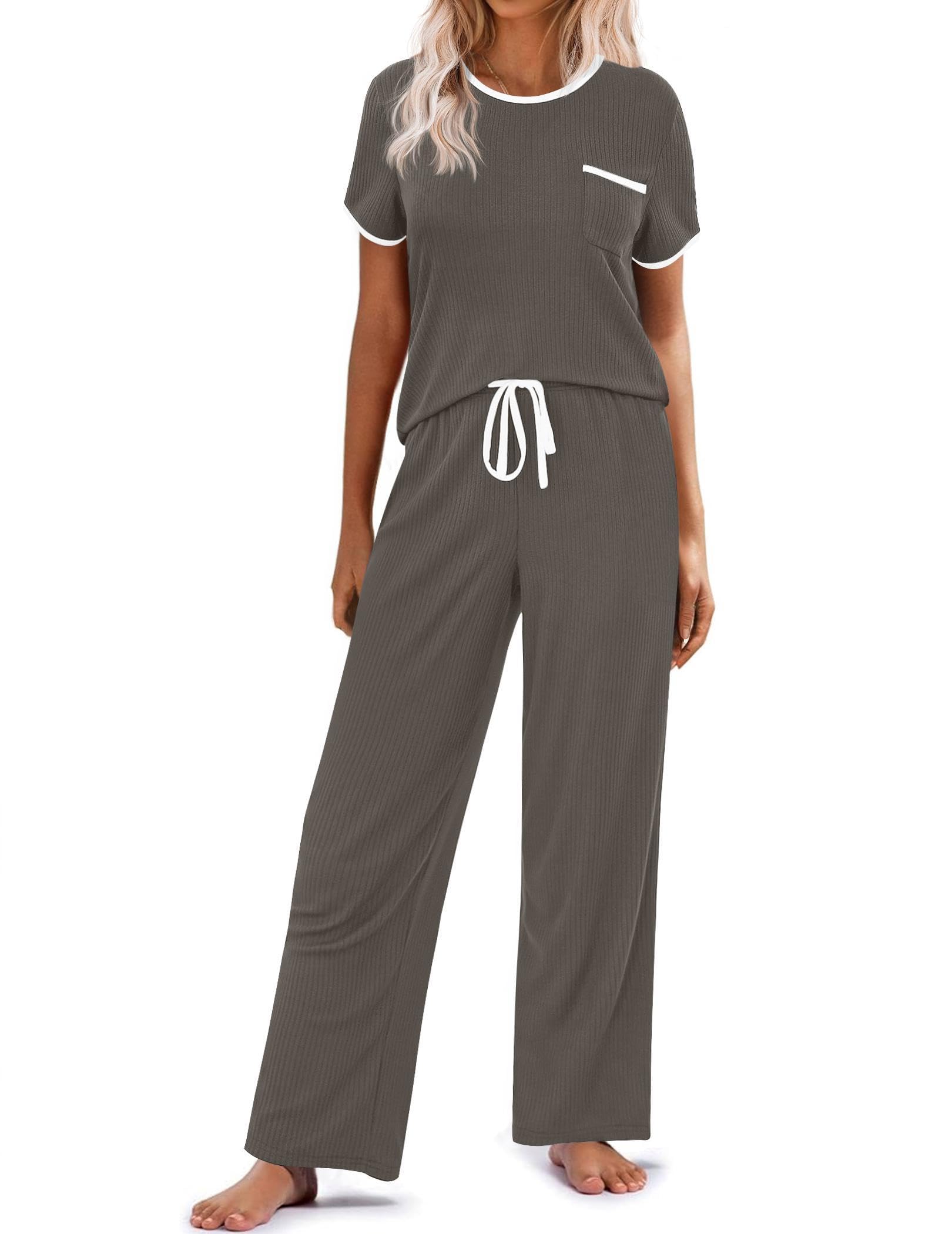 Ekouaer Women Lounge Pajamas Sets Ribbed Knit PJ Short Sleeve and Long Pajama Pant Soft 2 Piece Sleepwear Loungwear Set