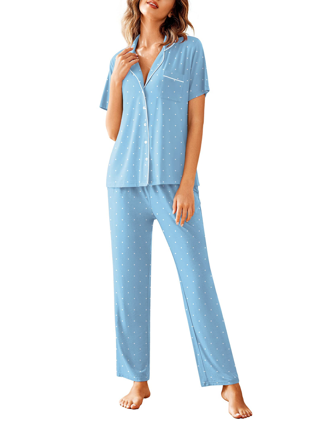 Avidlove Women Pajamas Set Notch Collar Soft Sleepwear Pjs Short Sleeve Button Down Nightwear with Long Pants WEBE CLOTHING