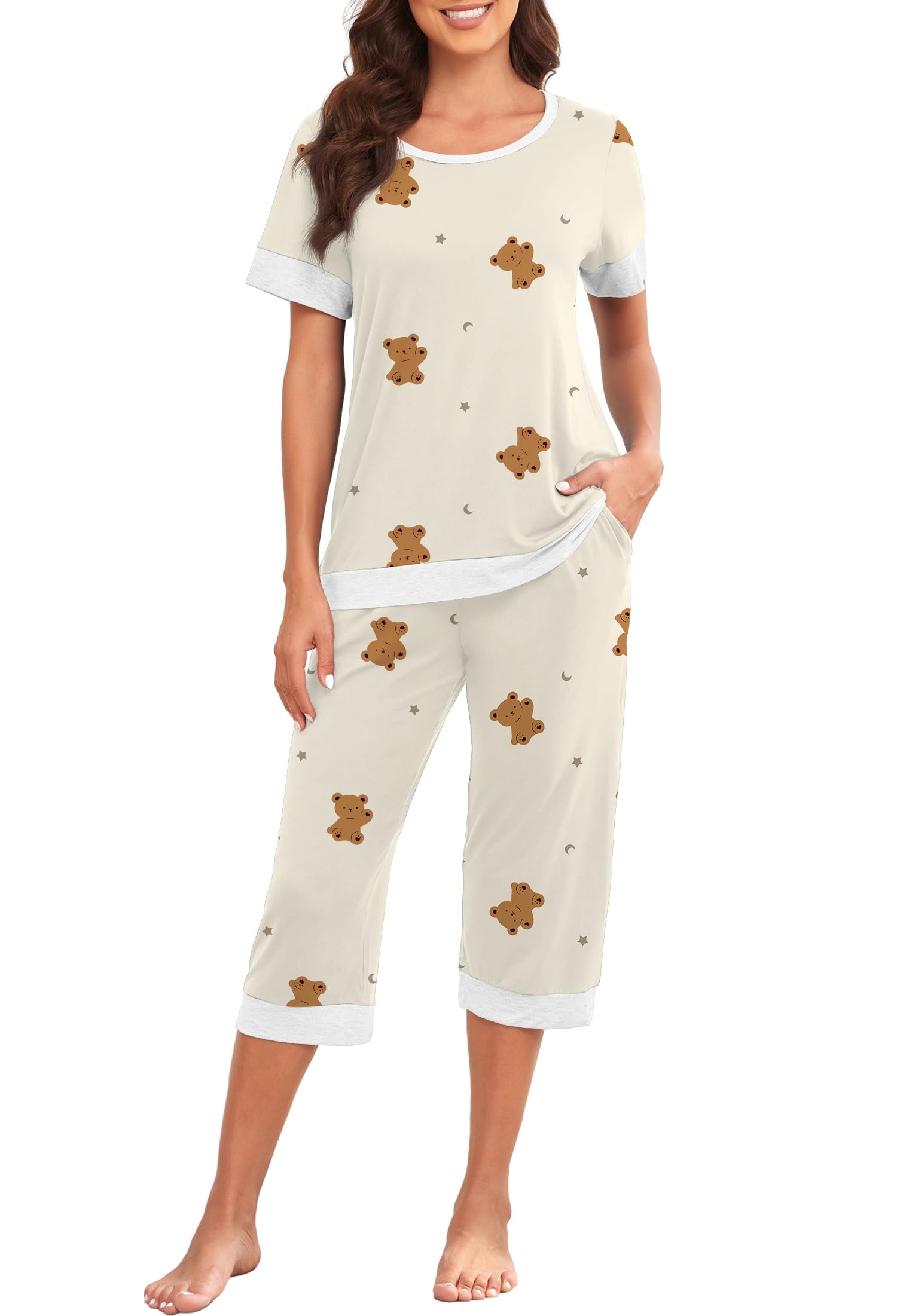 PrinStory Women's Pajama Set Short Sleeve Shirt and Capri Pants Sleepwear Pjs Sets Lounge Set WEBE CLOTHING