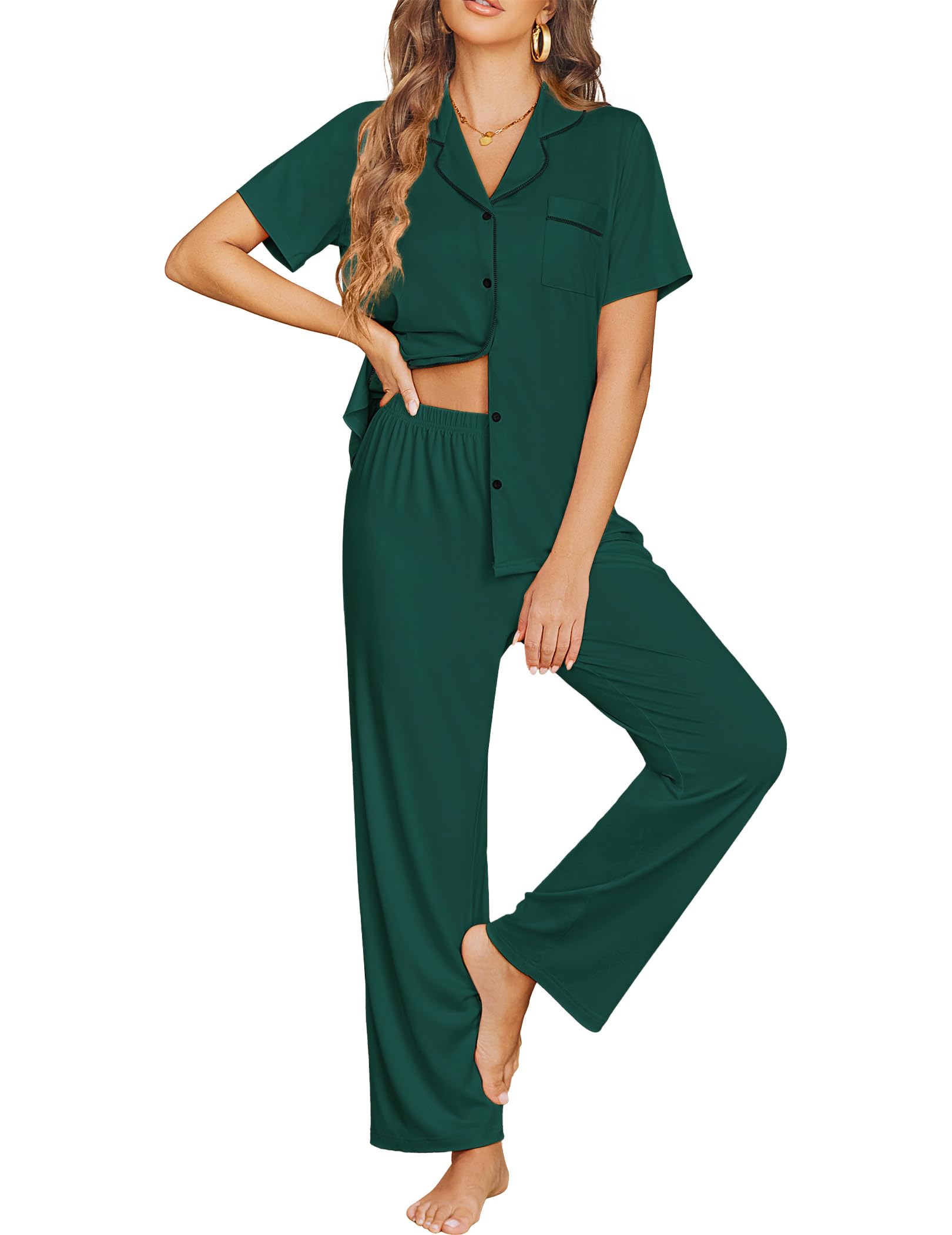 Ekouaer Womens Pajama Sets Button Down Pjs Lounge Sets 2 Piece Short Sleeve Sleepwear Soft Comfy Loungewear
