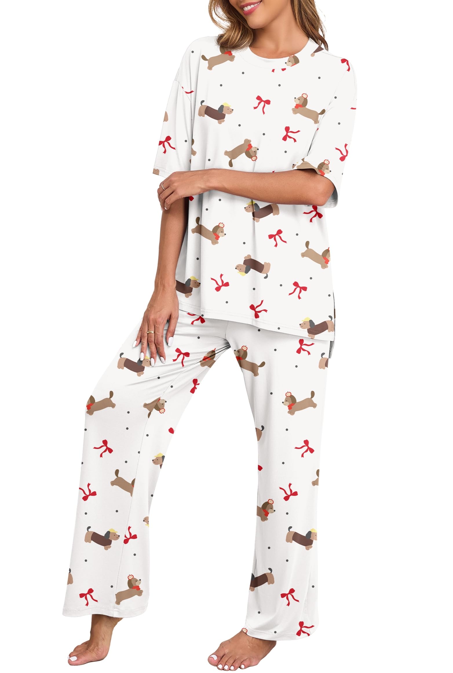 PrinStory Womens Pajamas Sets 2 Piece Lounge Set Short Sleeve Tops and Long Pants Soft Pjs Loungewear with Pockets