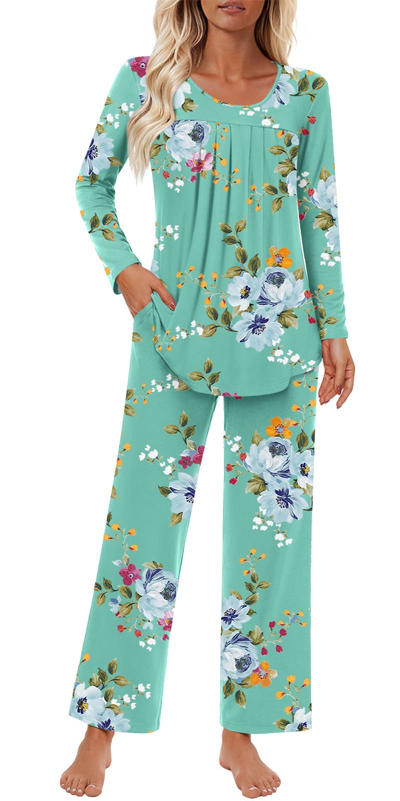 Findsweet Women's Pajama Set 2 Piece Lounge Outfits Soft Sleepwear Fall Long Sleeve Long Pant With Pockets Ladies Pjs S-3XL