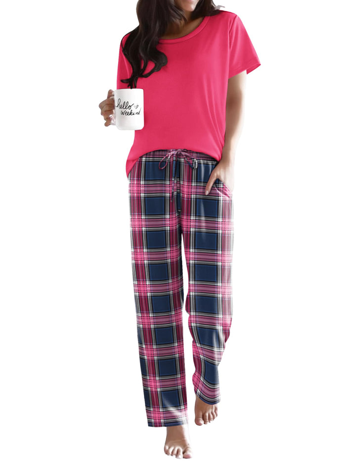Ekouaer Pajama Sets for Women Round Neck Pjs Short Sleeve Sleepwear with Long Pants Loose Lounge Sets