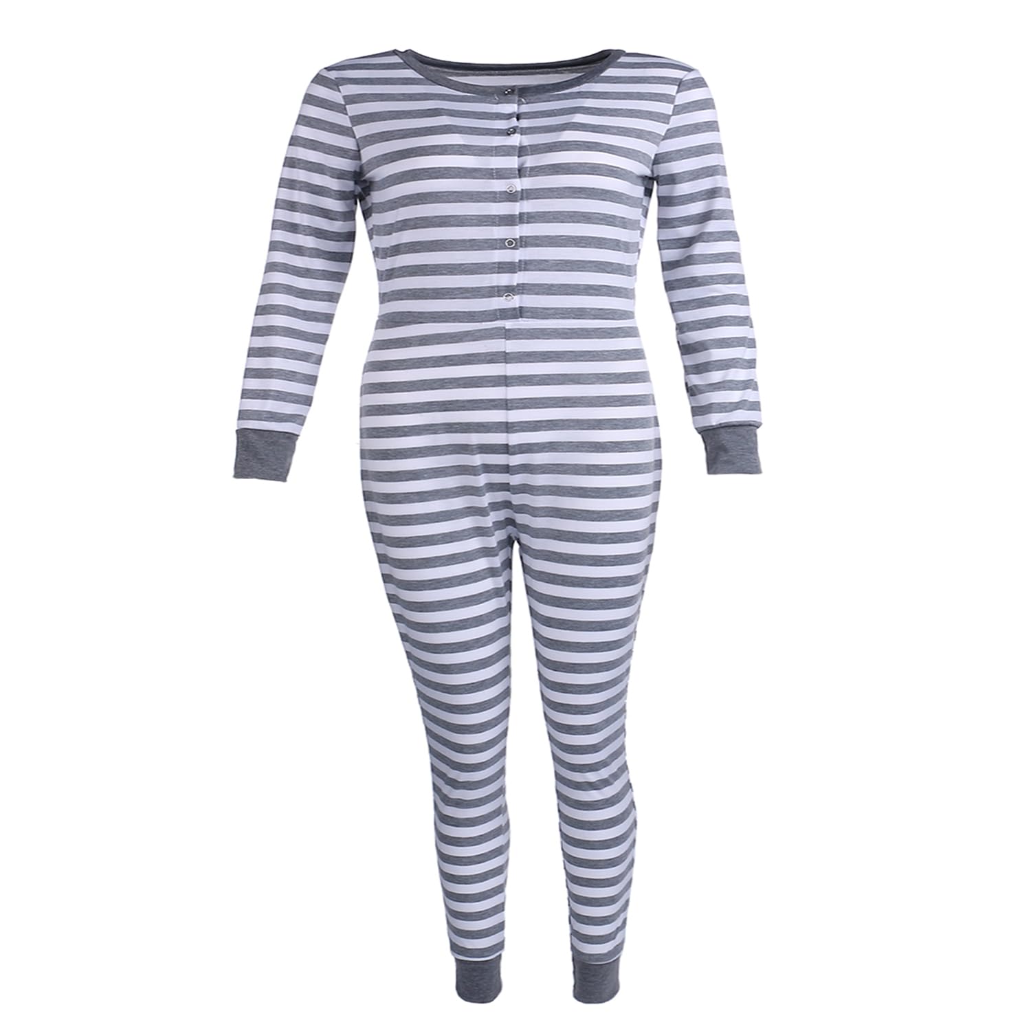 Women Christmas Long Sleeve Stripe Heart One Piece Pajamas Bodycon Jumpsuit Button Neck Sleepwear WEBE CLOTHING