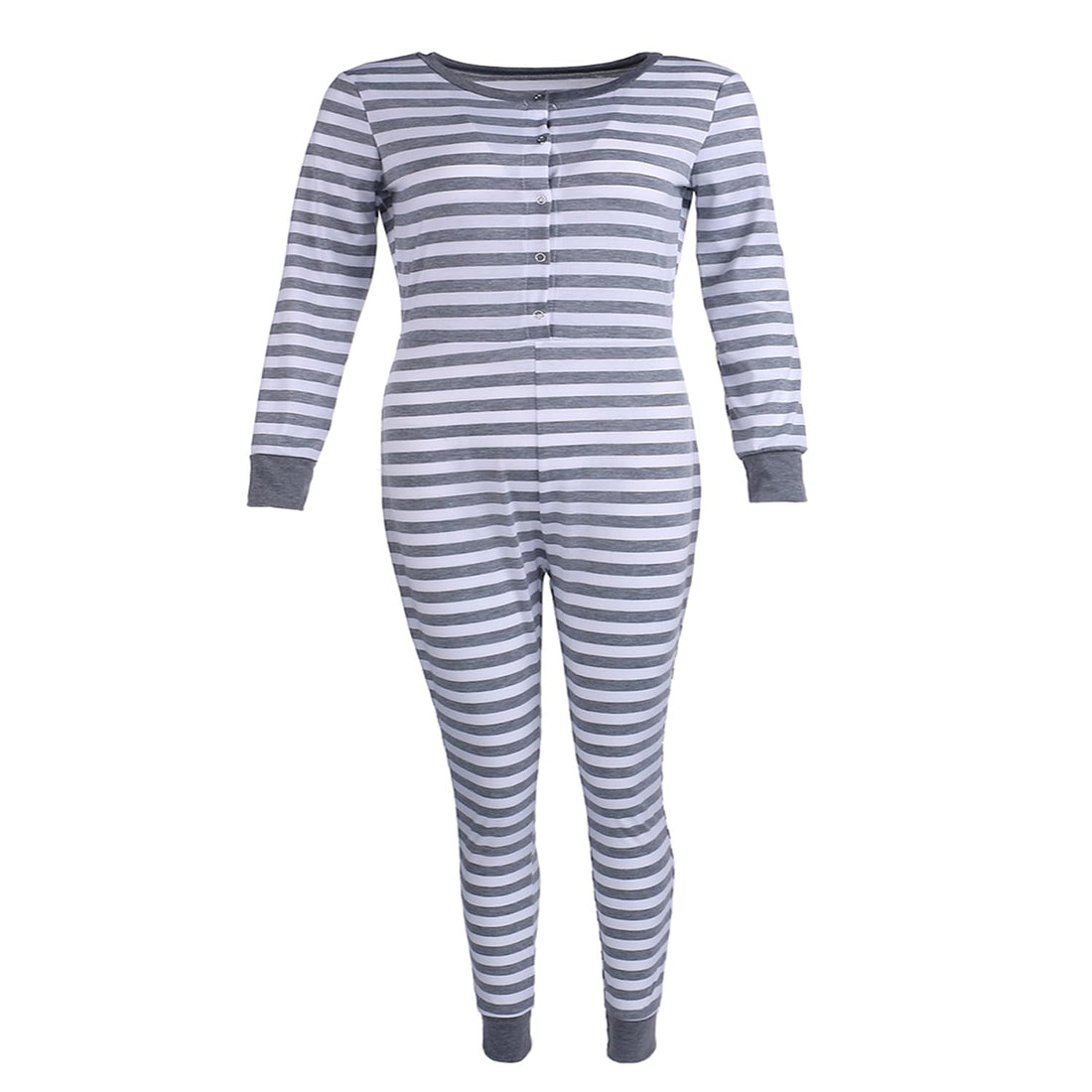 Women Christmas Long Sleeve Stripe Heart One Piece Pajamas Bodycon Jumpsuit Button Neck Sleepwear WEBE CLOTHING
