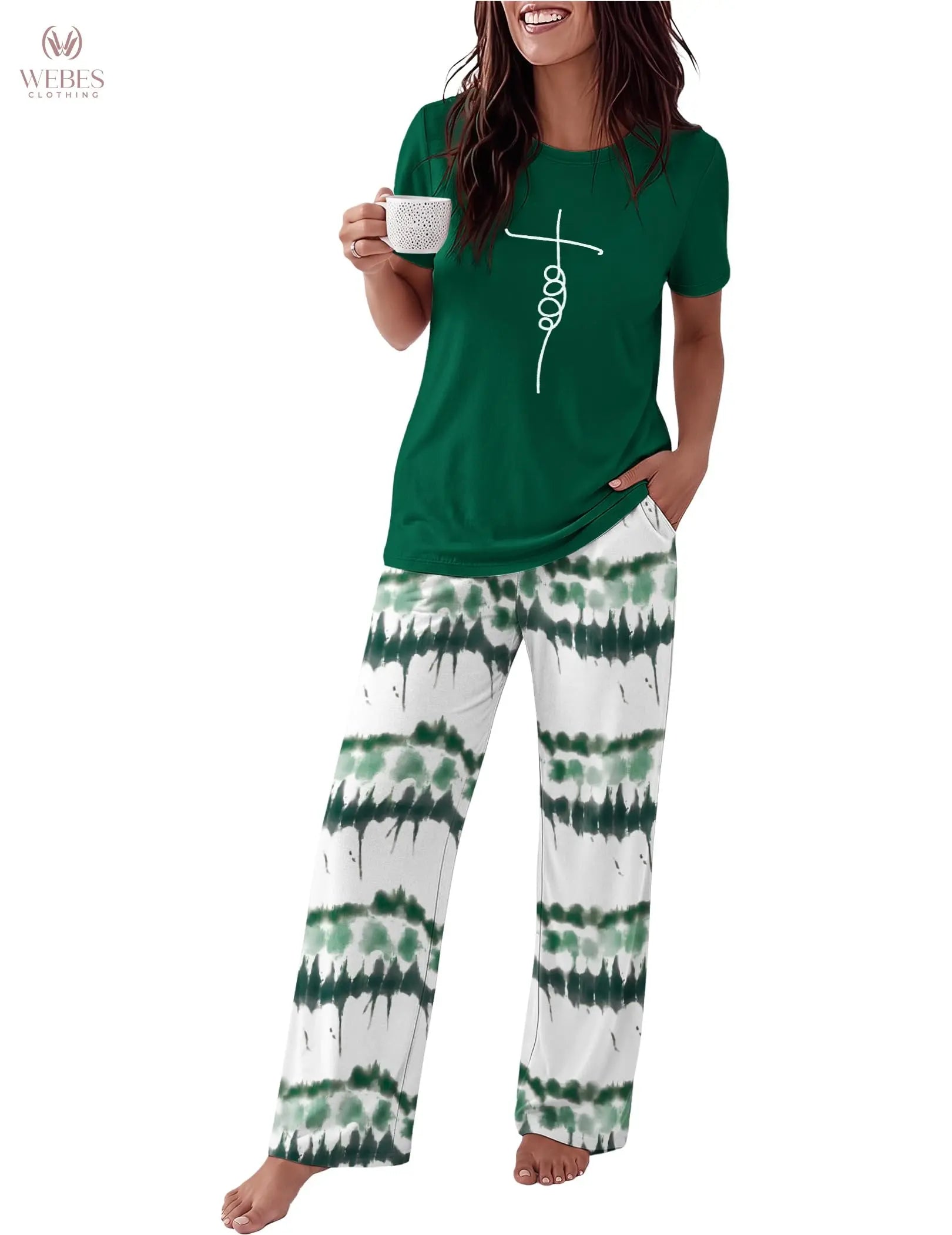 Ekouaer Pajama Set for Women 2 Piece Pjs Short Sleeve Top and Printed Pants | Womens Round Neck Lounge Sets Short Sleeve Sleepwear with Loose Pants for Daily Wear, Home Lounging, Casual Errands WEBE CLOTHING