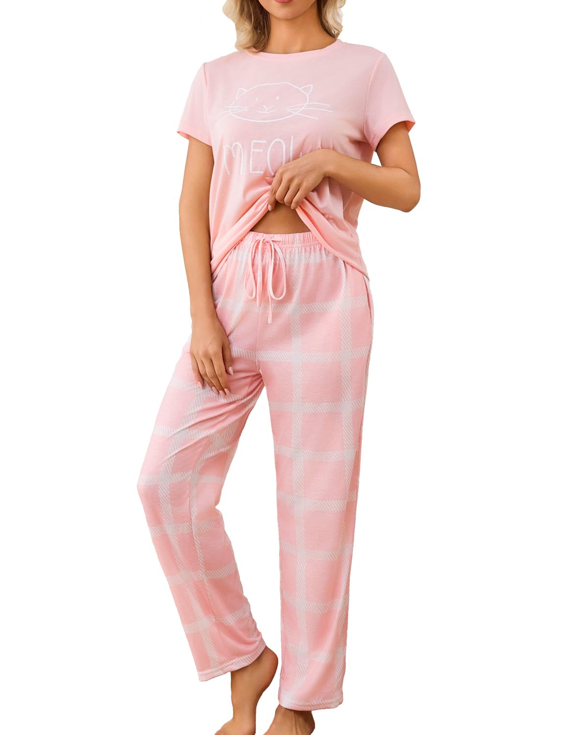 difficort Womens Pajama Sets Short Sleeve Pjs Tops with Long Pants Sleepwear Lounge Set with Pocket WEBE CLOTHING