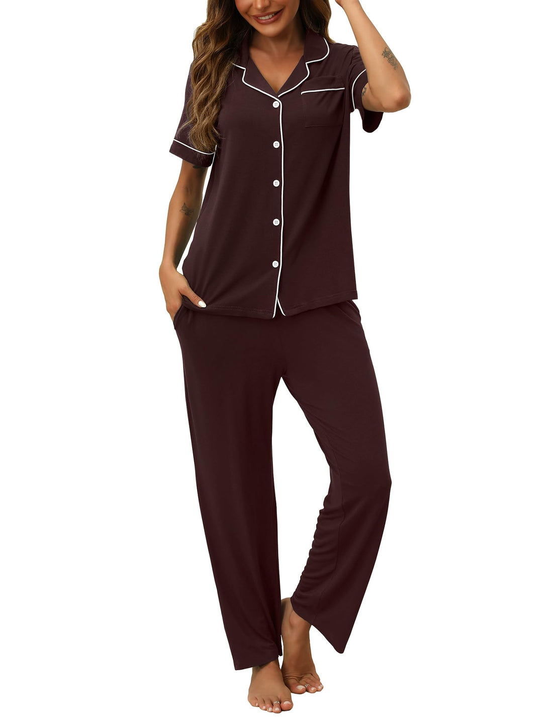 HNG Women Pajamas Set 2 Piece Button Up Pajamas Pant and Short Sleeve Shirt for Woman Pj Sets with Pocket